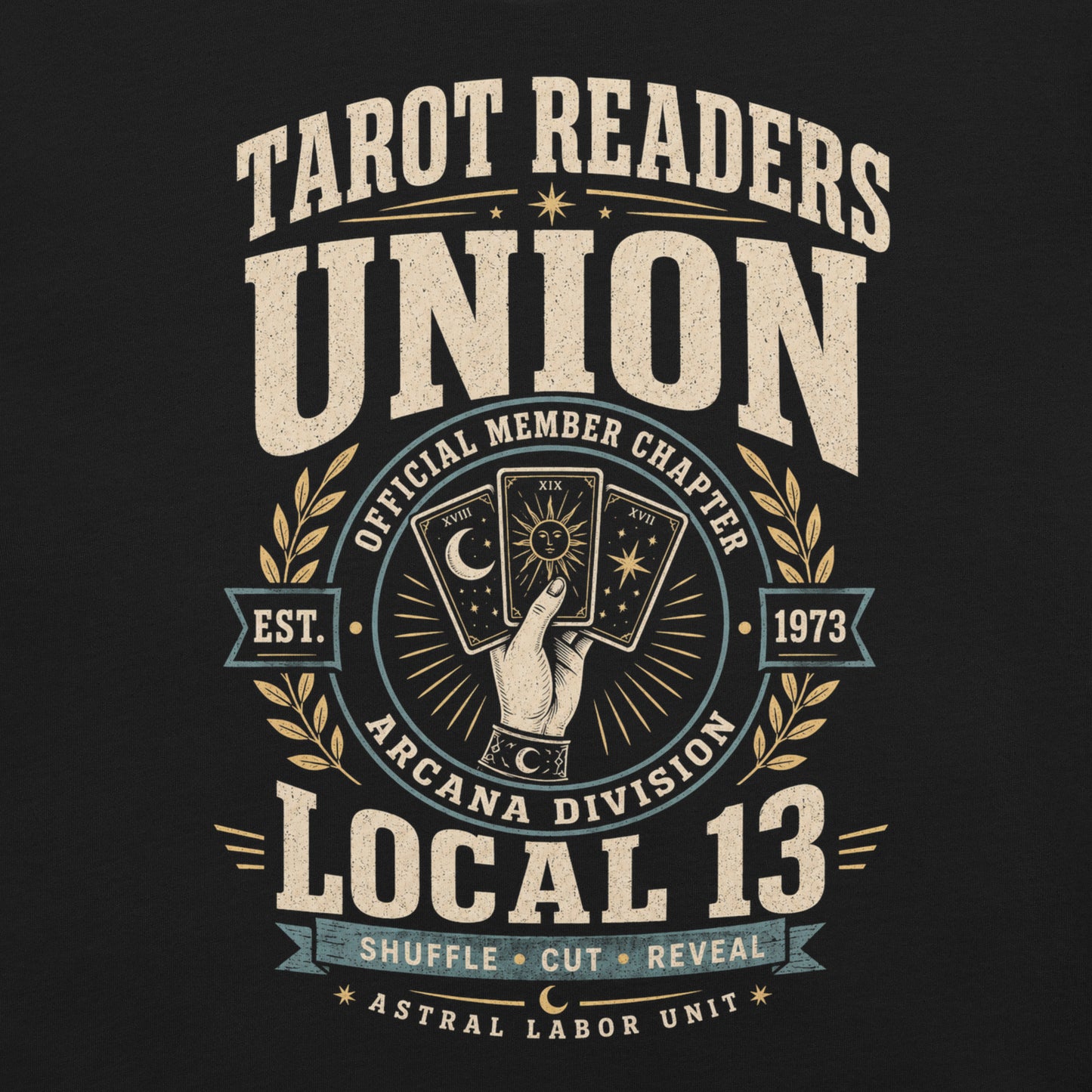 Close-up of Tarot Readers Union Local 13 t-shirt design with Arcana Division, Astral Labor Unit, and tarot card illustration