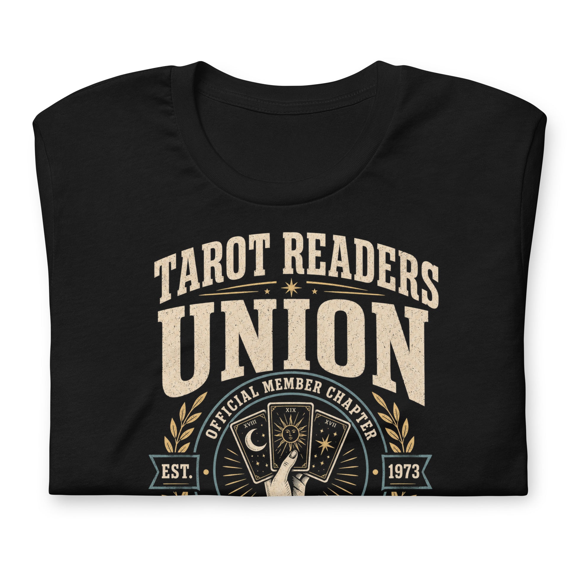 Close-up of Tarot Readers Union Local 13 t-shirt design with Arcana Division, Astral Labor Unit, and tarot card illustration