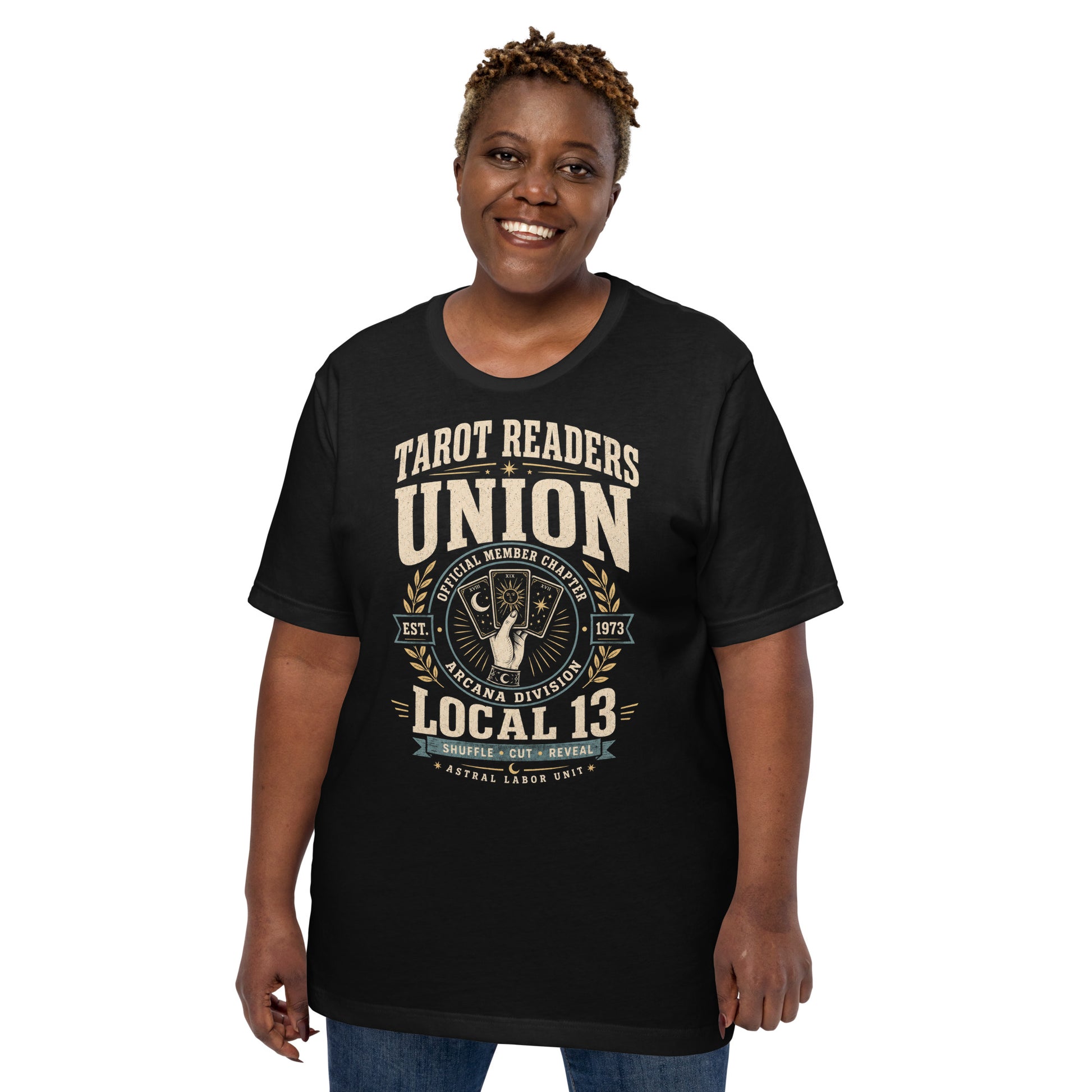 Retro tarot t-shirt featuring Tarot Readers Union text, tarot card hand graphic, Local 13 typography, and Shuffle Cut Reveal banner