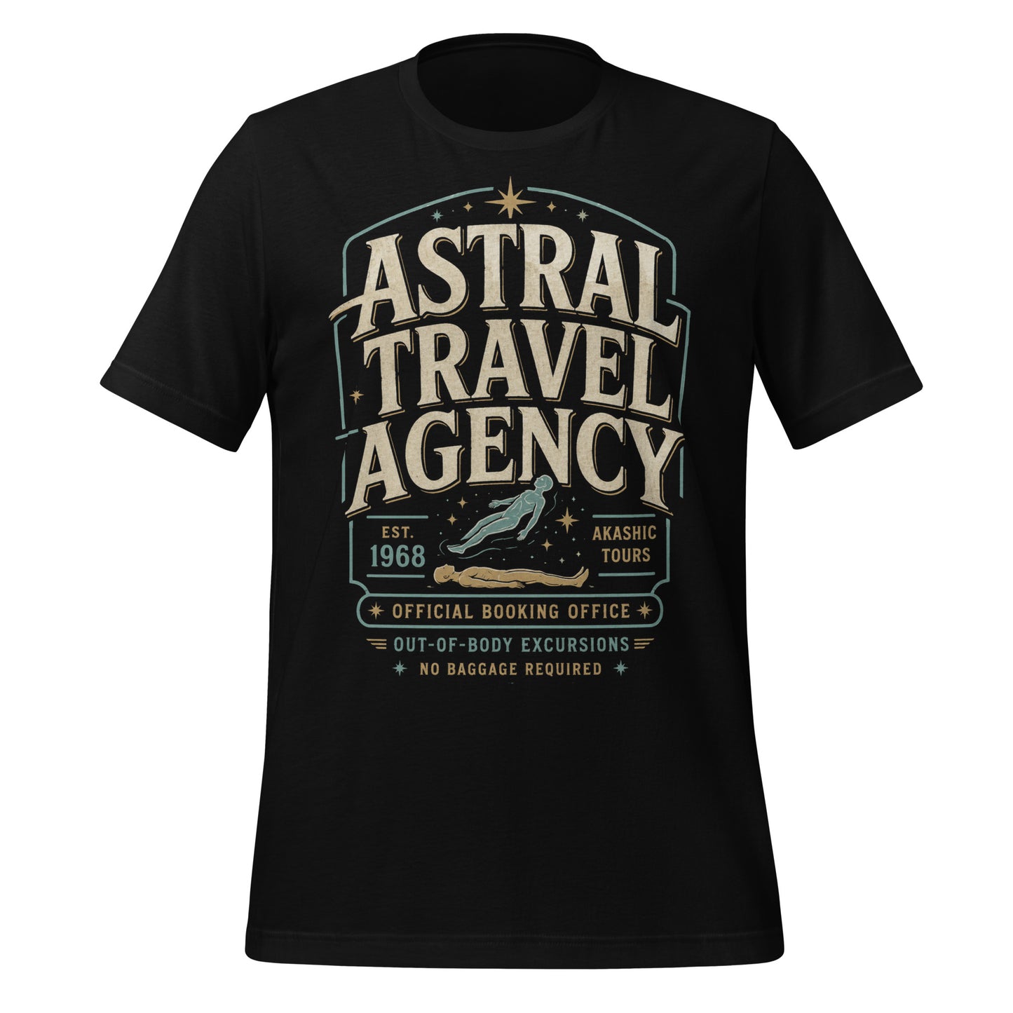 Black graphic tee featuring original Cinderpoint Studios artwork for Astral Travel Agency, a retro occult travel design with large vintage lettering, astral projection imagery, stars, and text including Official Booking Office, Akashic Tours, and Out-of-Body Excursions.