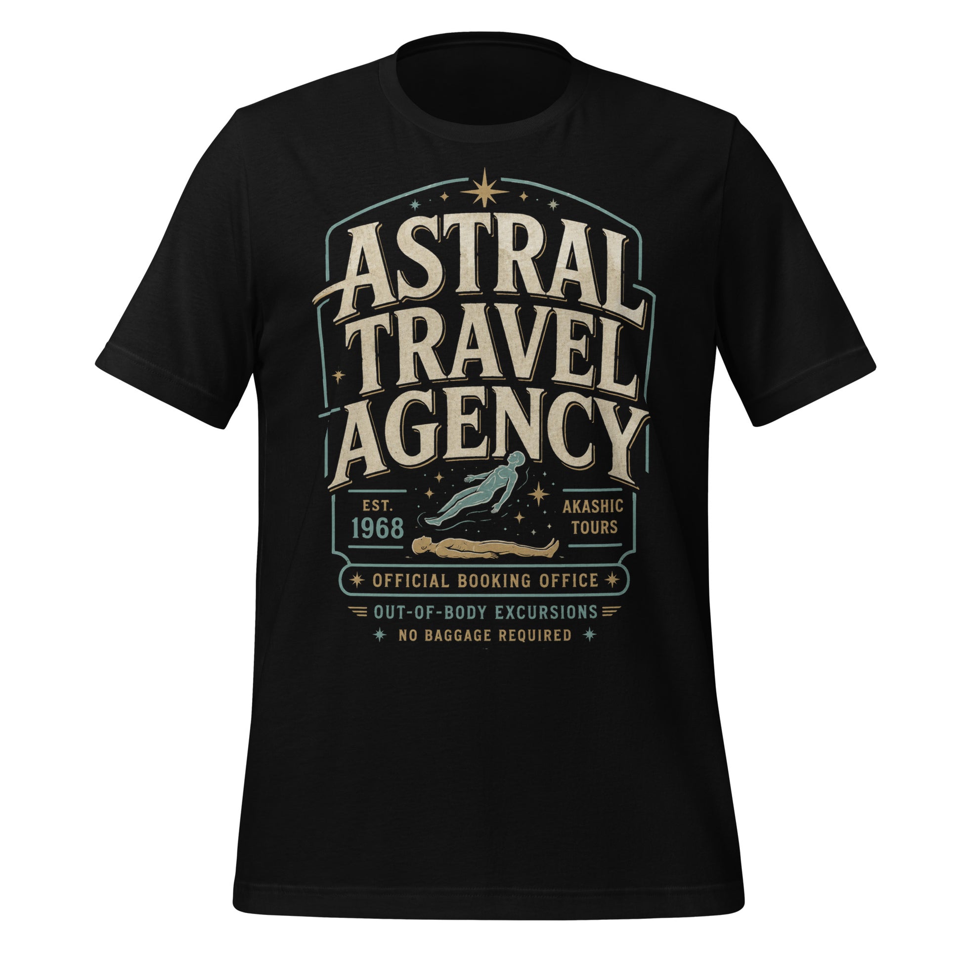 Black graphic tee featuring original Cinderpoint Studios artwork for Astral Travel Agency, a retro occult travel design with large vintage lettering, astral projection imagery, stars, and text including Official Booking Office, Akashic Tours, and Out-of-Body Excursions.
