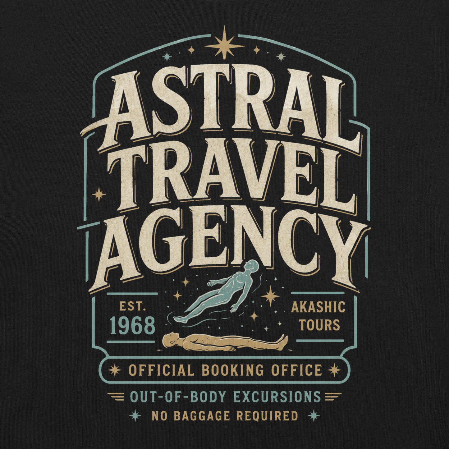 Black graphic tee featuring original Cinderpoint Studios artwork for Astral Travel Agency, a retro occult travel design with large vintage lettering, astral projection imagery, stars, and text including Official Booking Office, Akashic Tours, and Out-of-Body Excursions.