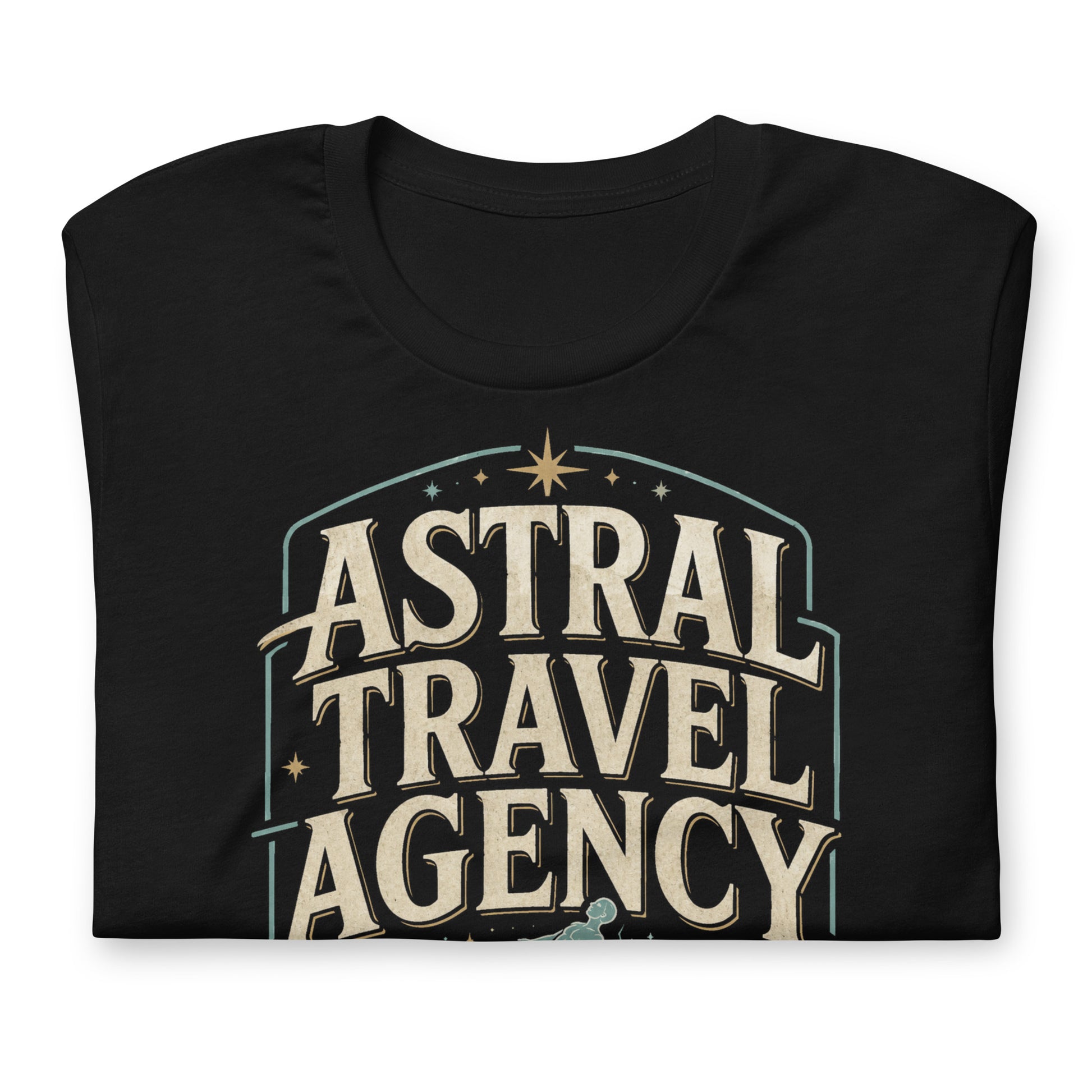 Black graphic tee featuring original Cinderpoint Studios artwork for Astral Travel Agency, a retro occult travel design with large vintage lettering, astral projection imagery, stars, and text including Official Booking Office, Akashic Tours, and Out-of-Body Excursions.