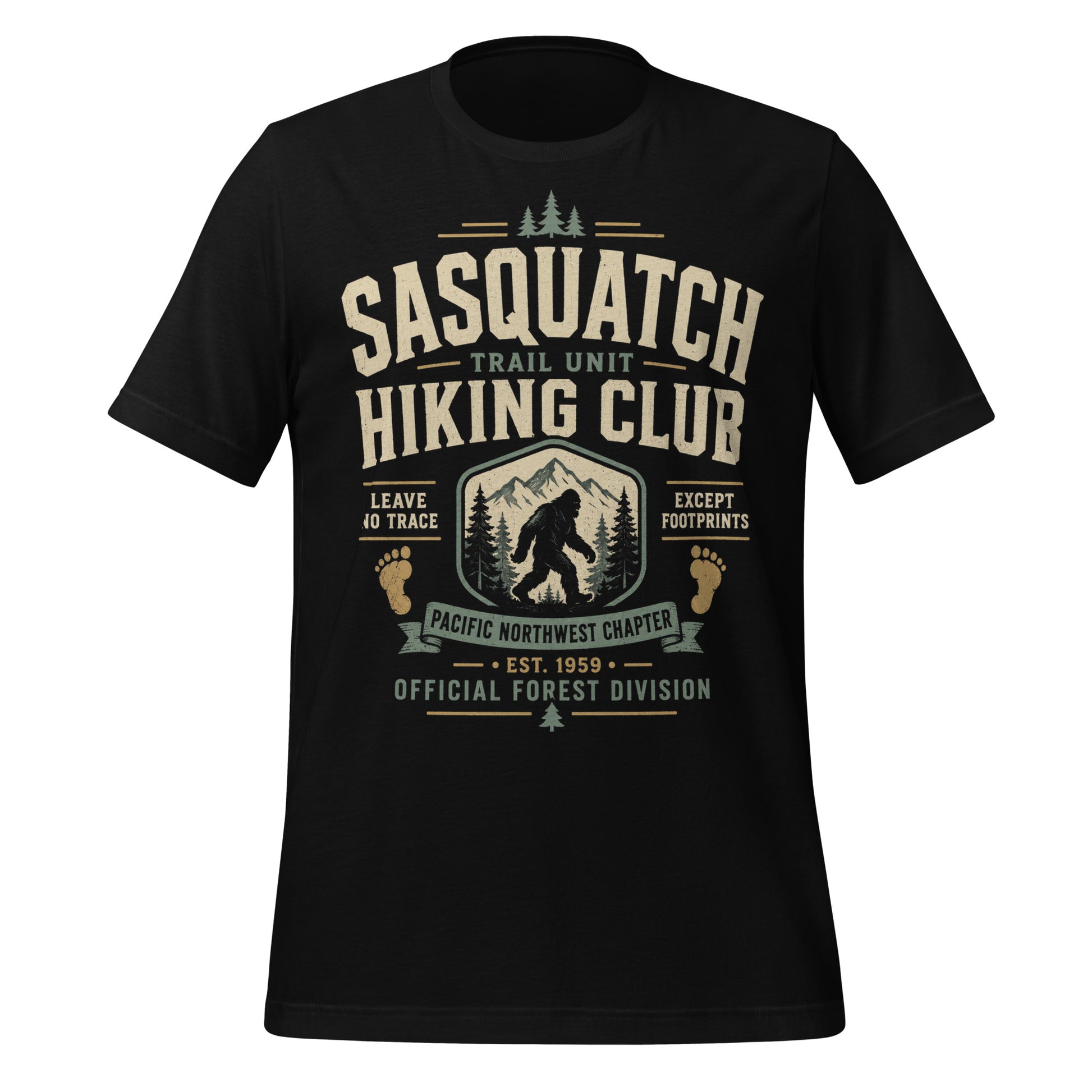 Black graphic tee featuring original Cinderpoint Studios artwork for Sasquatch Hiking Club, a retro Bigfoot trail design with bold varsity lettering, mountain scenery, pine trees, footprint accents, and text including Trail Unit, Pacific Northwest Chapter, Leave No Trace, Except Footprints, and Official Forest Division.
