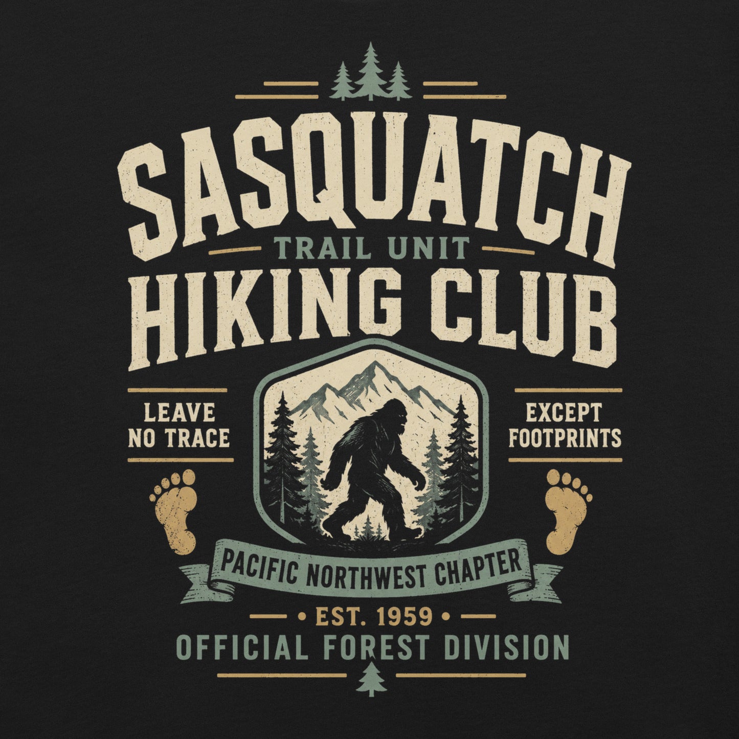 Close-up of the Sasquatch Hiking Club original Cinderpoint Studios artwork printed on a black tee, showing distressed retro lettering, Sasquatch silhouette, mountain scenery, pine trees, footprints, and Official Forest Division details.