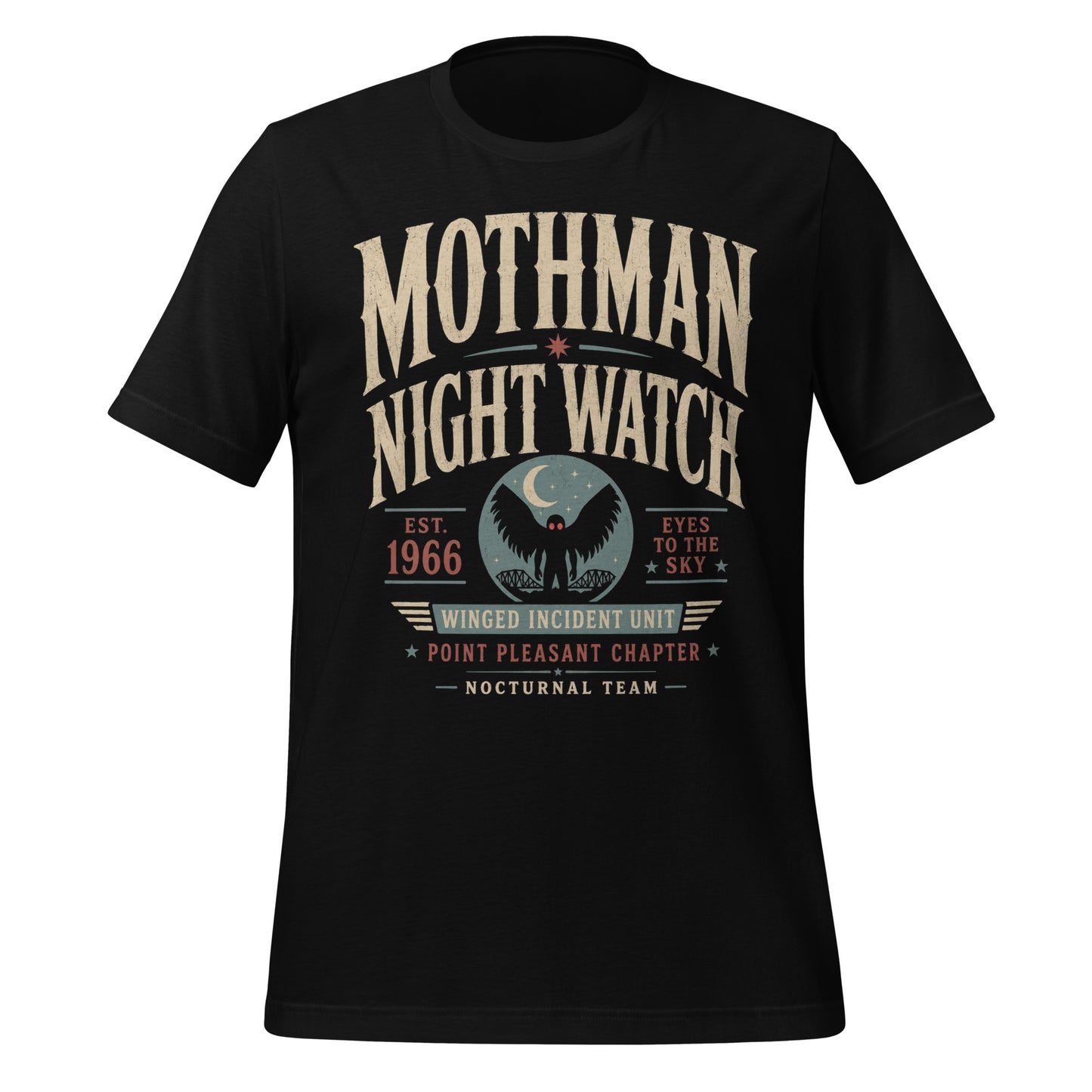 Black graphic tee featuring original Cinderpoint Studios artwork for Mothman Night Watch, a retro cryptid design with bold vintage lettering, Mothman silhouette, red eyes, crescent moon, bridge scene, and text including Winged Incident Unit, Point Pleasant Chapter, and Nocturnal Team.
