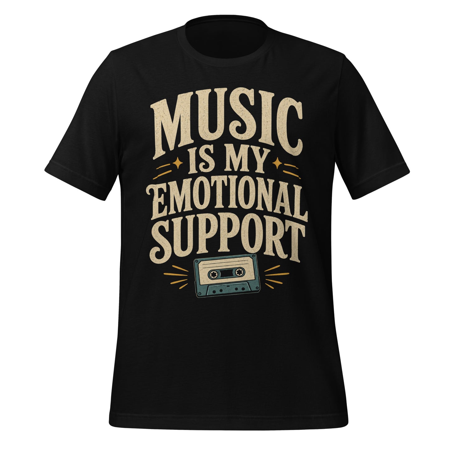 Black graphic tee featuring original Cinderpoint Studios artwork for Music Is My Emotional Support, a retro music lover design with bold vintage lettering, star accents, and a cassette tape illustration.