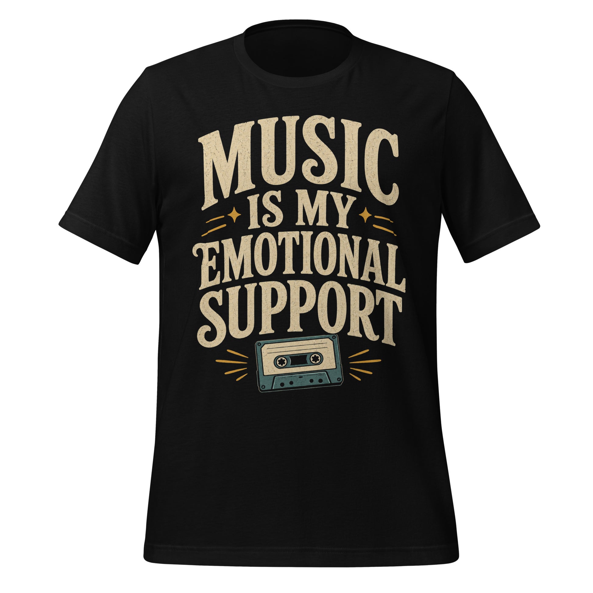 Black graphic tee featuring original Cinderpoint Studios artwork for Music Is My Emotional Support, a retro music lover design with bold vintage lettering, star accents, and a cassette tape illustration.