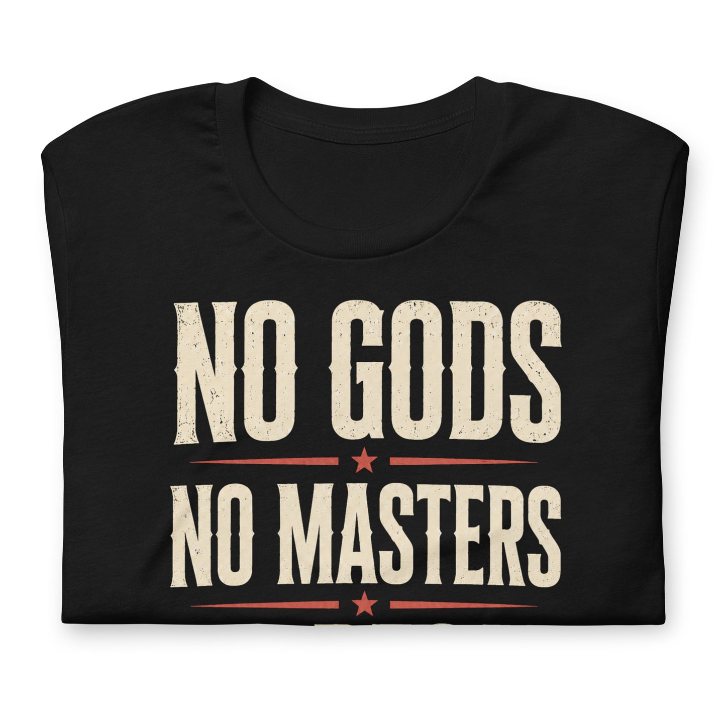 Close up of a black graphic tee featuring original Cinderpoint Studios artwork for No Gods No Masters No Decaf, a bold retro text design with cream lettering, red accent stars, lightning bolts, and a small coffee cup graphic.