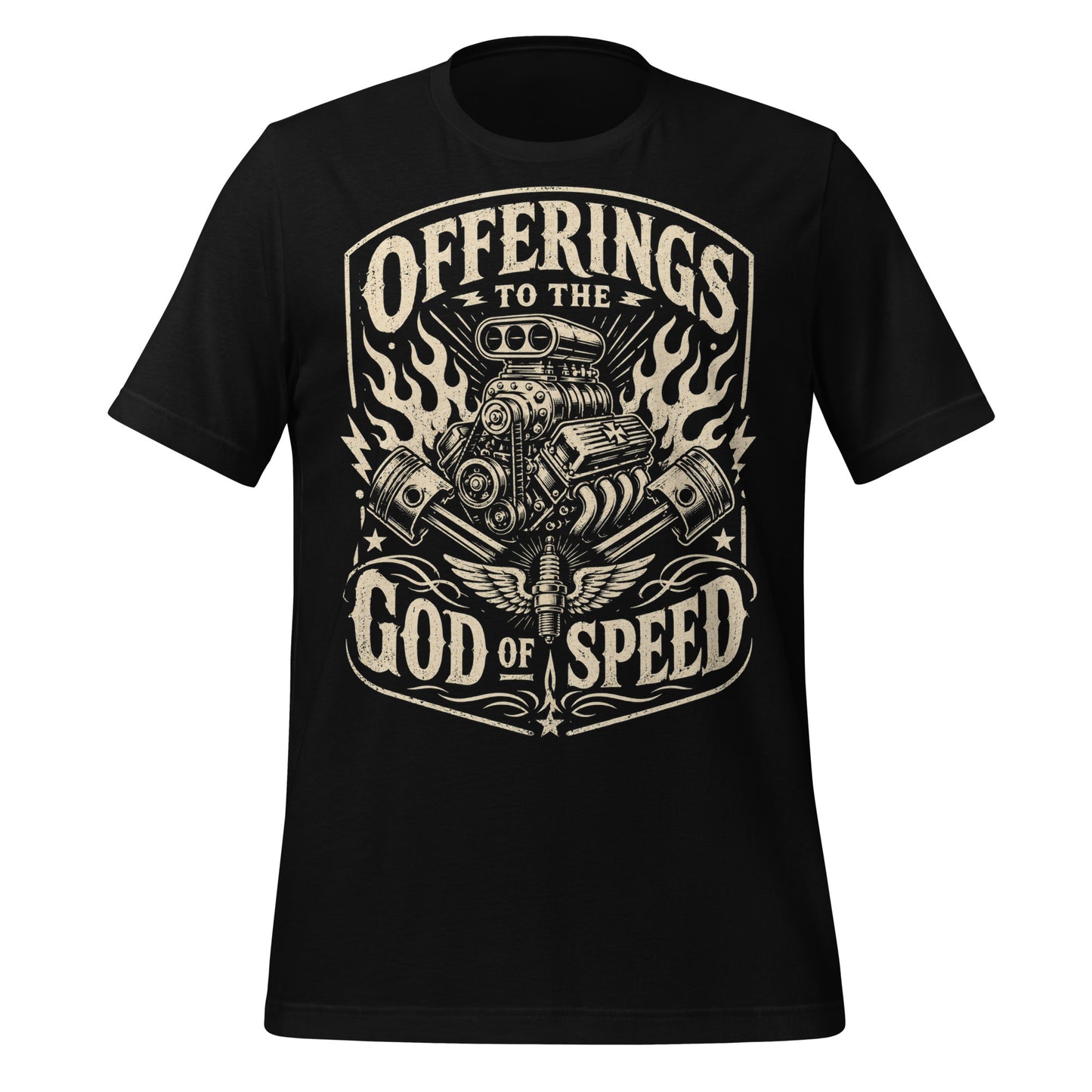 Black graphic tee featuring original Cinderpoint Studios artwork for Offerings to the God of Speed, a one-color retro gearhead design with a supercharged V8 engine, crossed pistons, winged spark plug, flames, lightning bolts, and vintage hot rod lettering.