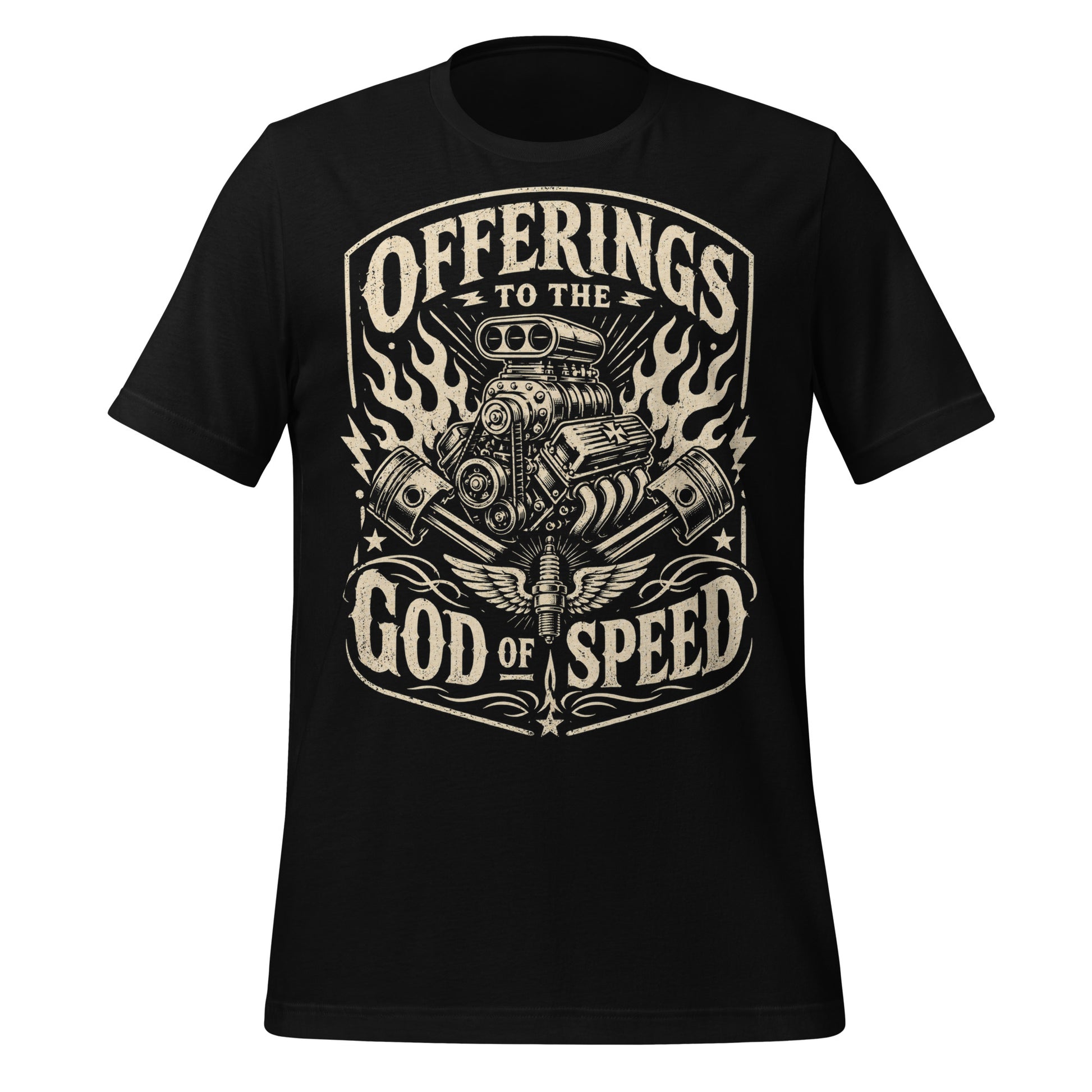 Black graphic tee featuring original Cinderpoint Studios artwork for Offerings to the God of Speed, a one-color retro gearhead design with a supercharged V8 engine, crossed pistons, winged spark plug, flames, lightning bolts, and vintage hot rod lettering.
