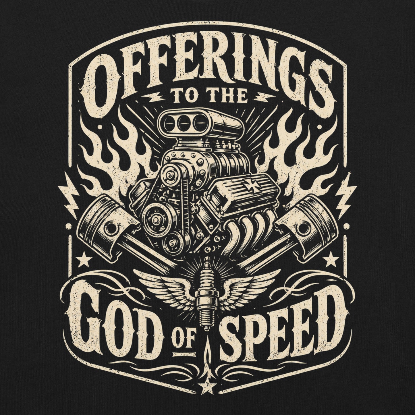 Black graphic tee featuring original Cinderpoint Studios artwork for Offerings to the God of Speed, a one-color retro gearhead design with a supercharged V8 engine, crossed pistons, winged spark plug, flames, lightning bolts, and vintage hot rod lettering.