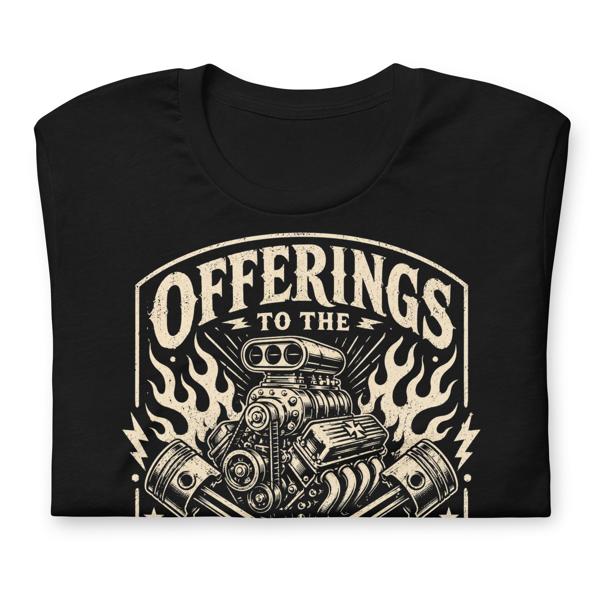 Black graphic tee featuring original Cinderpoint Studios artwork for Offerings to the God of Speed, a one-color retro gearhead design with a supercharged V8 engine, crossed pistons, winged spark plug, flames, lightning bolts, and vintage hot rod lettering.