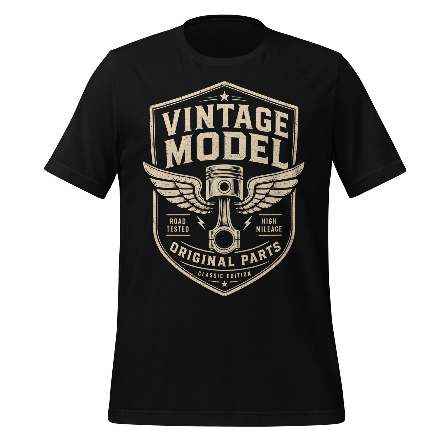 A black graphic tee featuring original Cinderpoint Studios artwork for Vintage Model, a one-color retro garage badge design with bold lettering, a winged piston, and text including Road Tested, High Mileage, Original Parts, and Classic Edition.