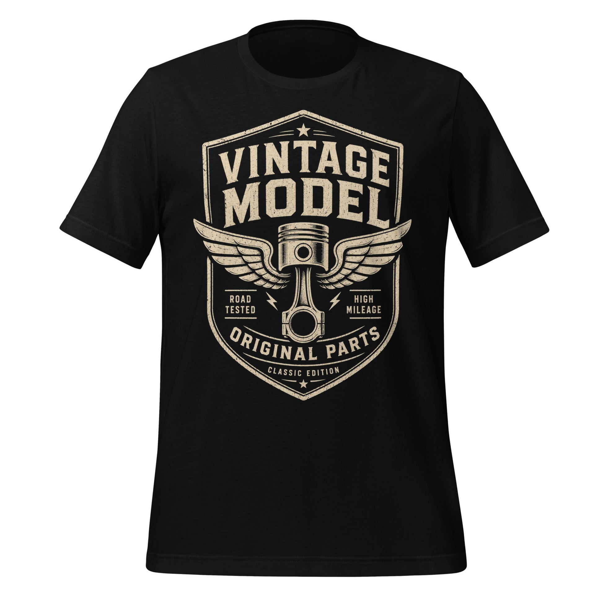 A black graphic tee featuring original Cinderpoint Studios artwork for Vintage Model, a one-color retro garage badge design with bold lettering, a winged piston, and text including Road Tested, High Mileage, Original Parts, and Classic Edition.