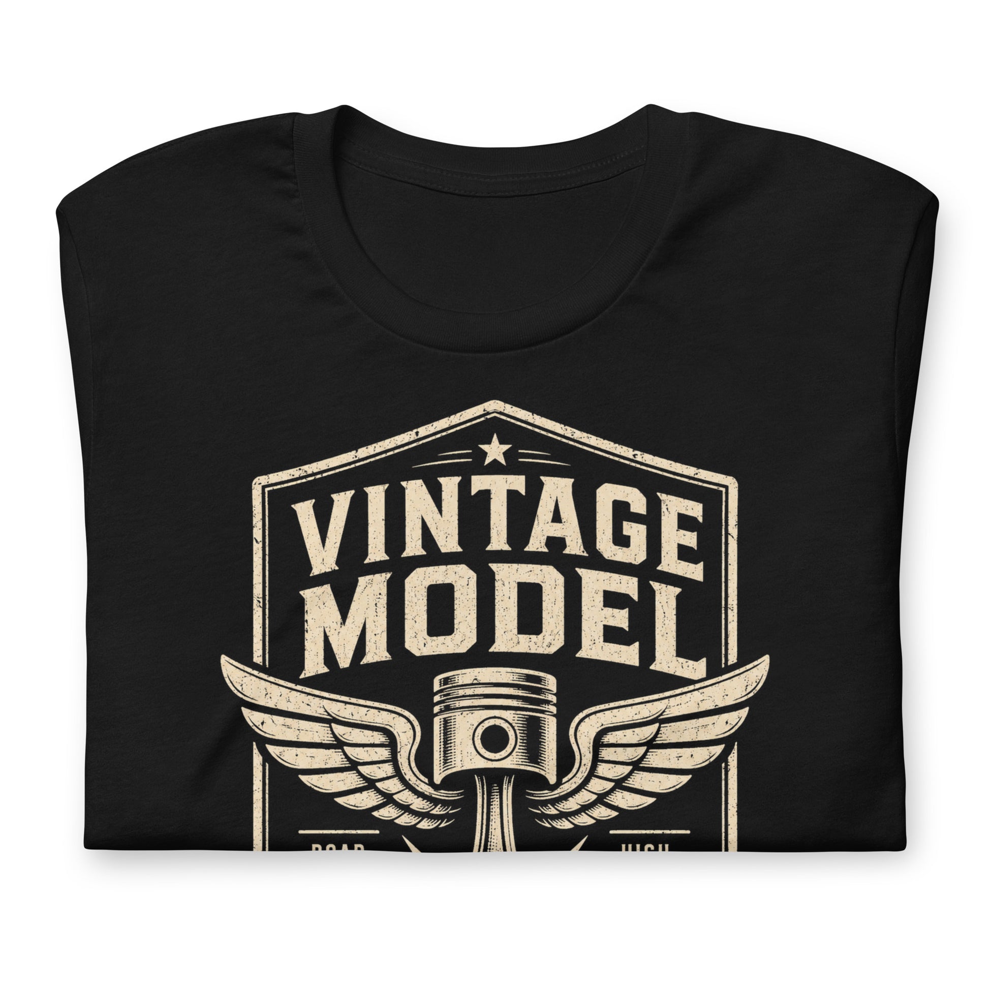 A black graphic tee featuring original Cinderpoint Studios artwork for Vintage Model, a one-color retro garage badge design with bold lettering, a winged piston, and text including Road Tested, High Mileage, Original Parts, and Classic Edition.