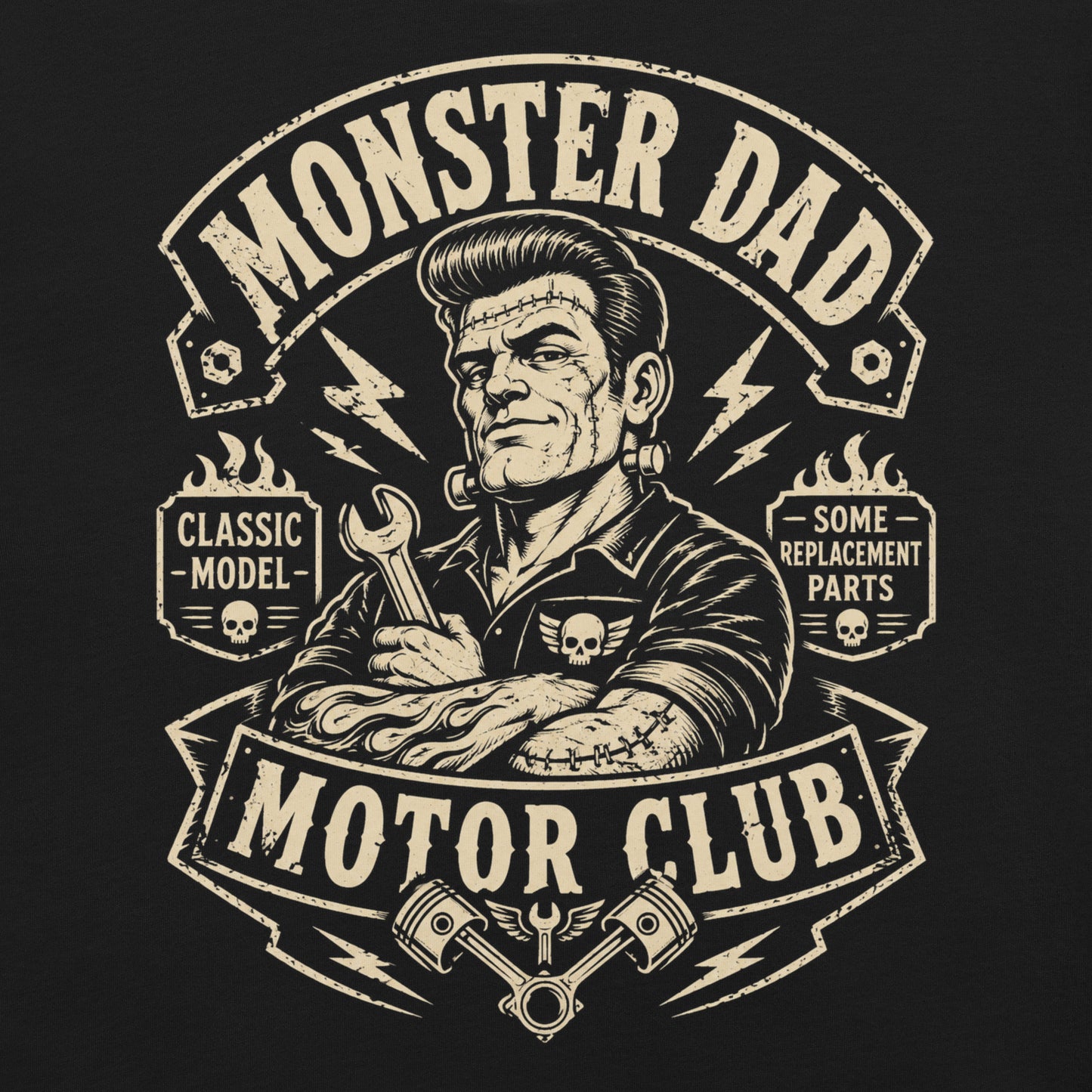 A black graphic tee featuring original Cinderpoint Studios artwork for Monster Dad Motor Club, a one-color retro garage design with a Frankenstein-inspired dad mechanic holding a wrench, lightning bolts, flames, skull details, piston accents, and text including Classic Model and Some Replacement Parts.