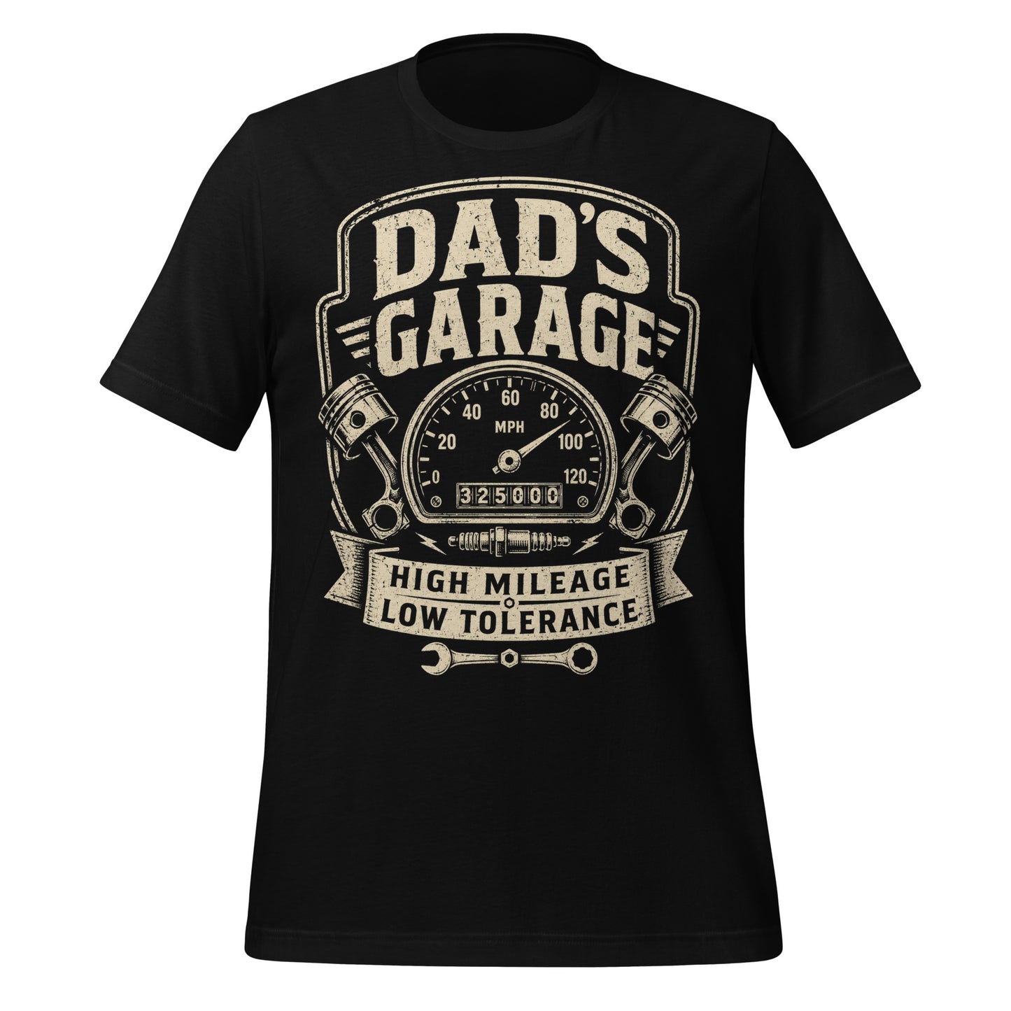 A black graphic tee featuring original Cinderpoint Studios artwork for Dad’s Garage, a one-color retro garage badge design with bold lettering, a speedometer, pistons, spark plug, wrench, and High Mileage Low Tolerance text.