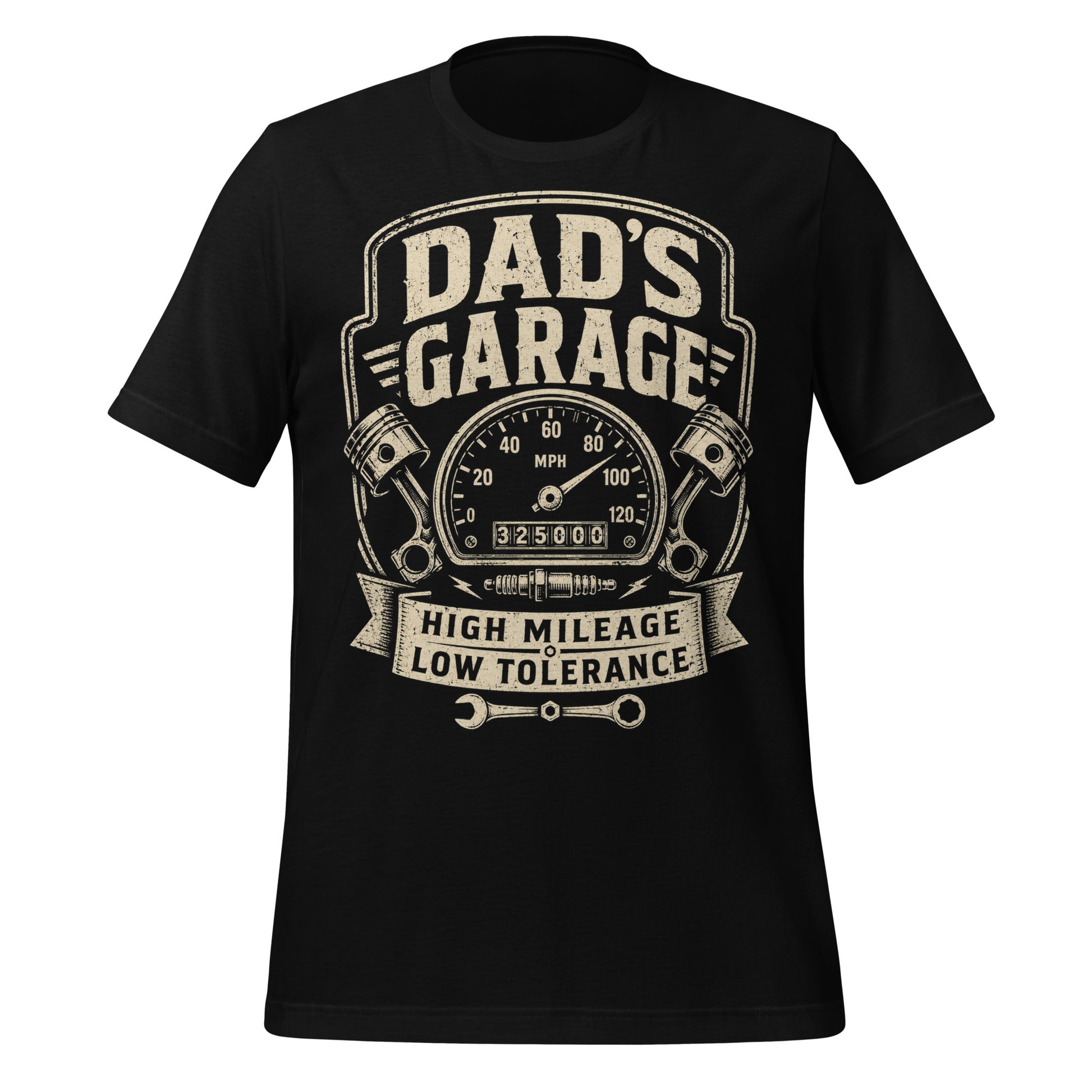 A black graphic tee featuring original Cinderpoint Studios artwork for Dad’s Garage, a one-color retro garage badge design with bold lettering, a speedometer, pistons, spark plug, wrench, and High Mileage Low Tolerance text.