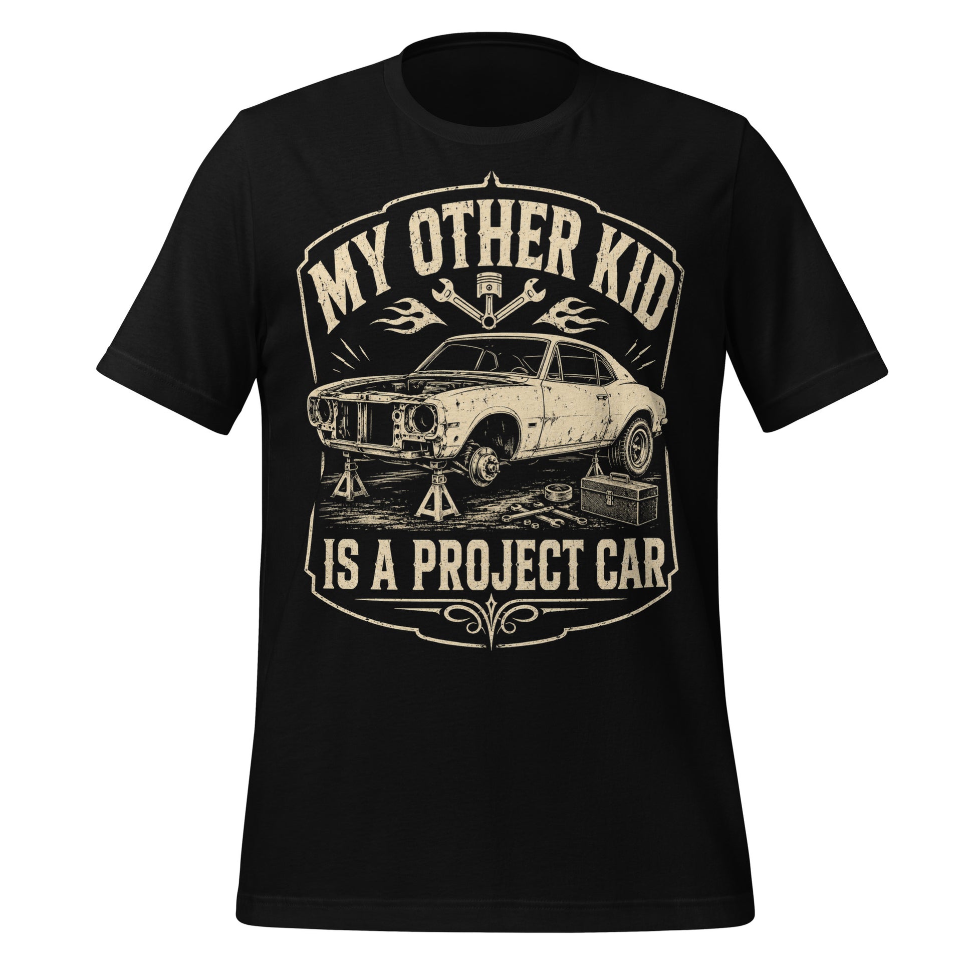 A black graphic tee featuring original Cinderpoint Studios artwork for My Other Kid Is a Project Car, a one-color retro garage design with a classic project car on jack stands, tools, piston and wrench accents, flames, and bold vintage lettering.