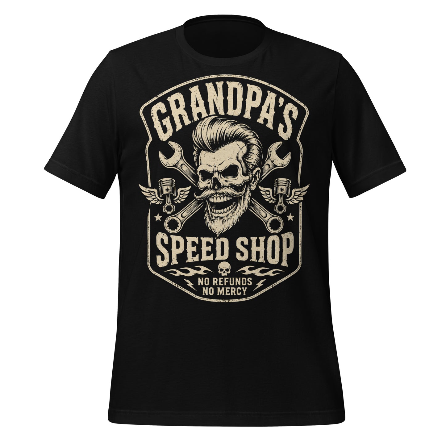 Man wearing a black graphic tee featuring original Cinderpoint Studios artwork for Grandpa’s Speed Shop, a one-color retro garage design with a grinning skeletal grandpa, pompadour, mustache, crossed wrenches, winged pistons, flame accents, and No Refunds No Mercy text.