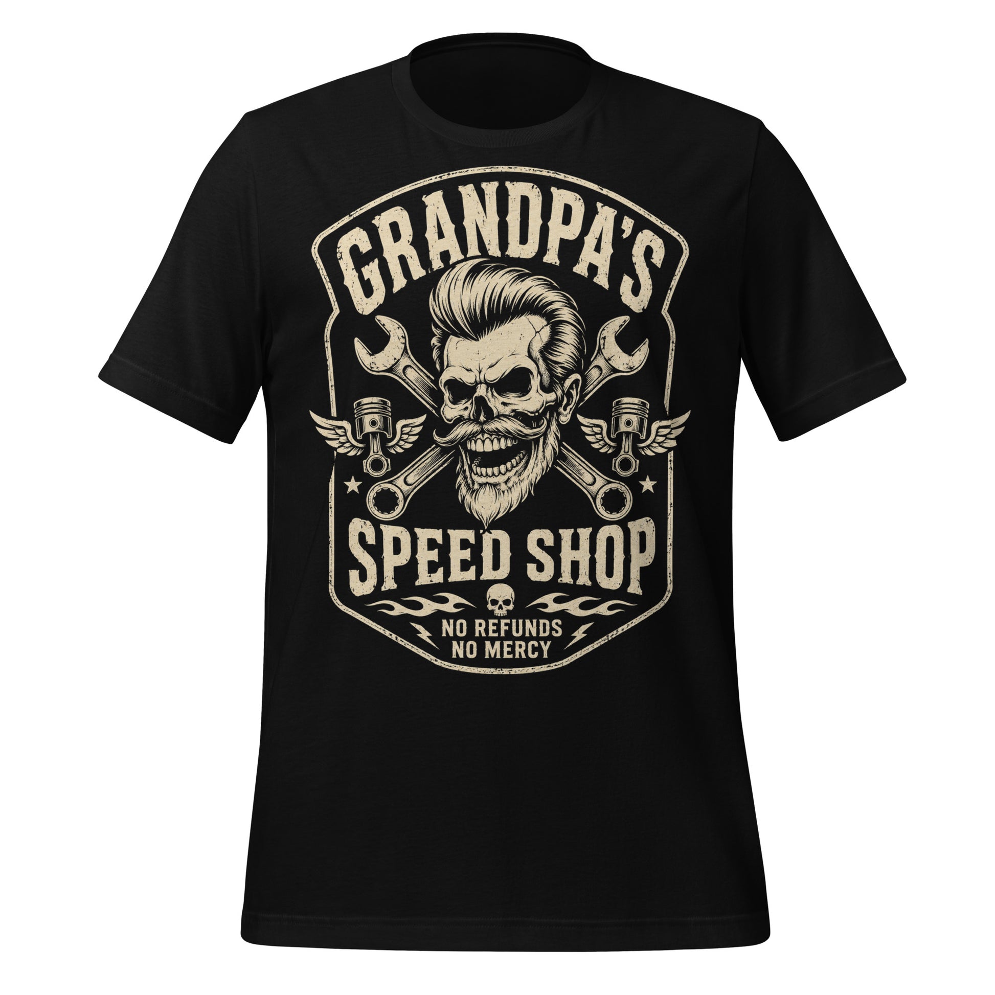 Man wearing a black graphic tee featuring original Cinderpoint Studios artwork for Grandpa’s Speed Shop, a one-color retro garage design with a grinning skeletal grandpa, pompadour, mustache, crossed wrenches, winged pistons, flame accents, and No Refunds No Mercy text.
