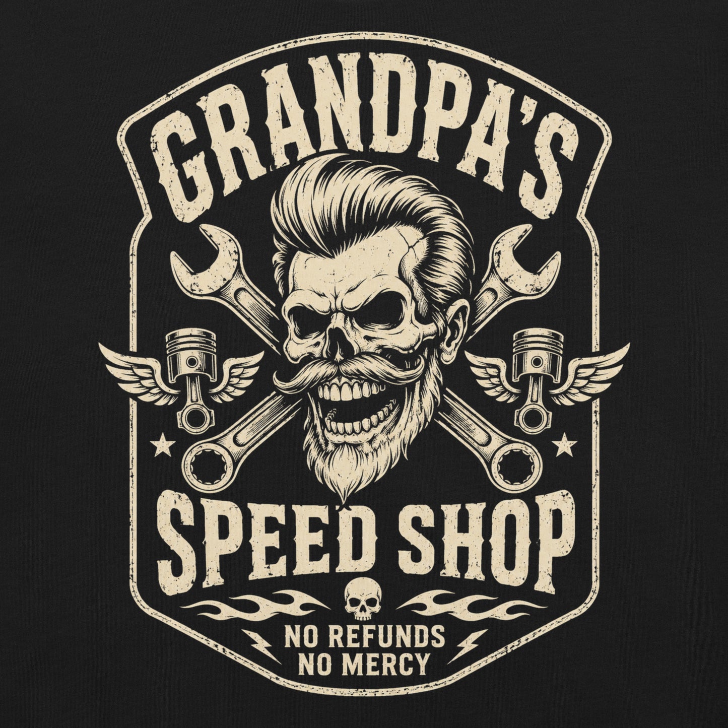 A black graphic tee featuring original Cinderpoint Studios artwork for Grandpa’s Speed Shop, a one-color retro garage design with a grinning skeletal grandpa, pompadour, mustache, crossed wrenches, winged pistons, flame accents, and No Refunds No Mercy text.
