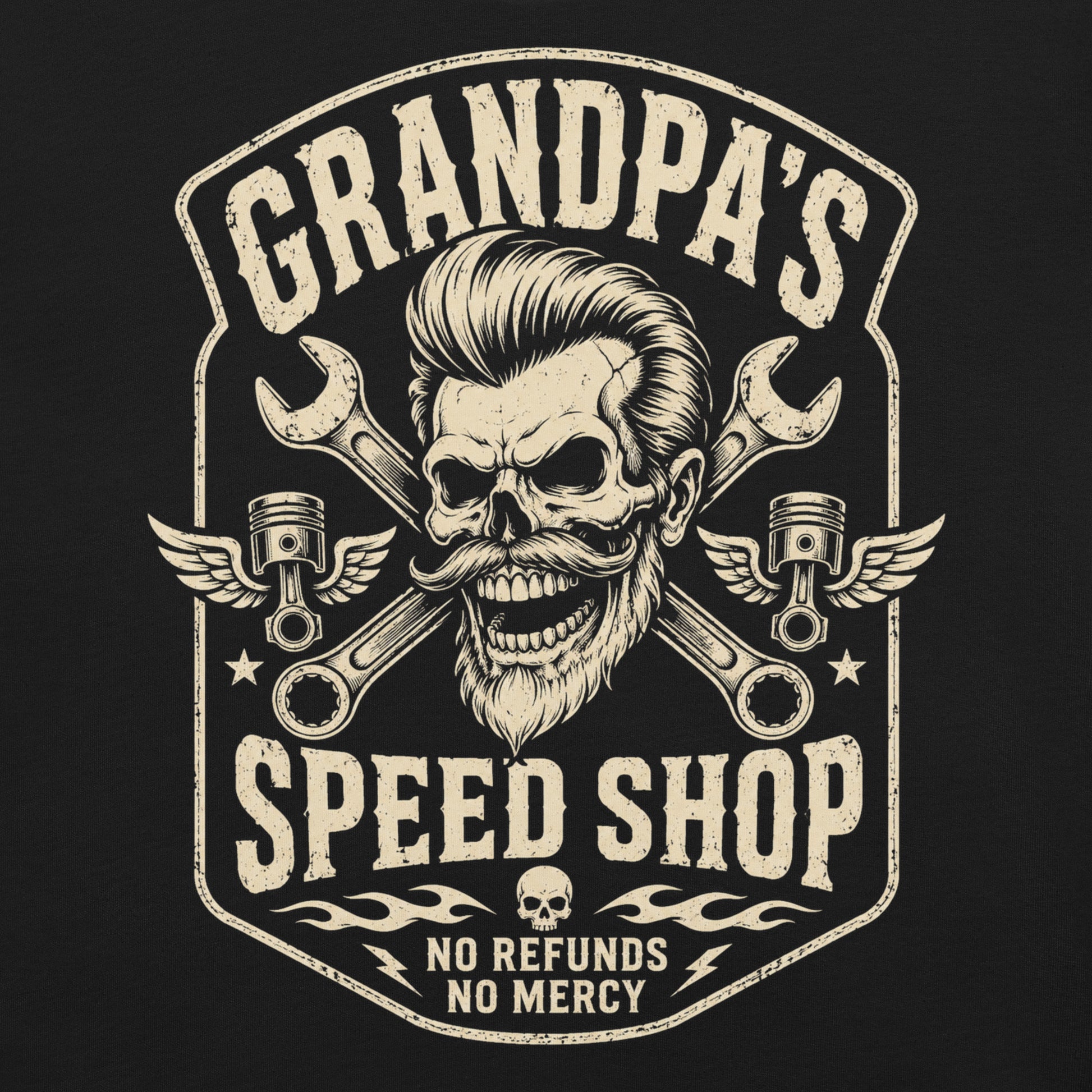 A black graphic tee featuring original Cinderpoint Studios artwork for Grandpa’s Speed Shop, a one-color retro garage design with a grinning skeletal grandpa, pompadour, mustache, crossed wrenches, winged pistons, flame accents, and No Refunds No Mercy text.