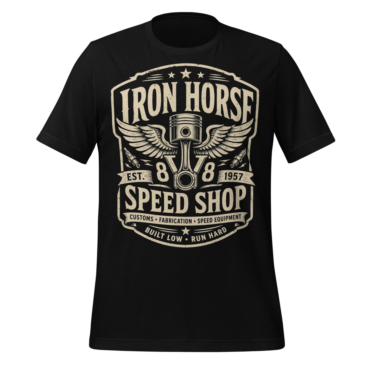 A black graphic tee featuring original Cinderpoint Studios artwork for Iron Horse Speed Shop, a one-color retro garage badge design with winged piston artwork, spark plugs, stars, banner details, V8 text, and Built Low Run Hard lettering.