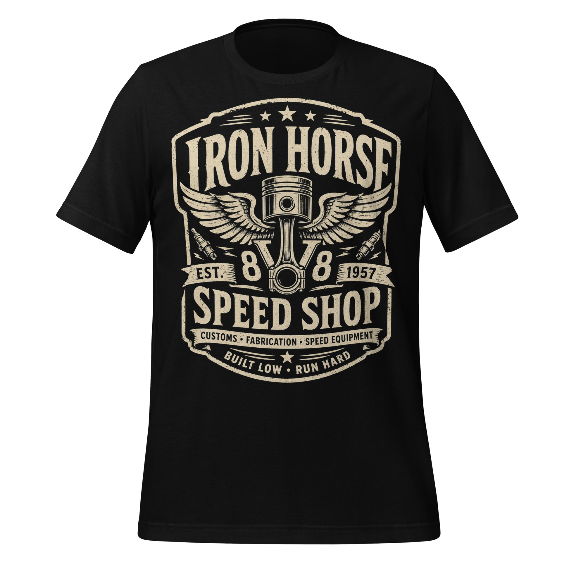A black graphic tee featuring original Cinderpoint Studios artwork for Iron Horse Speed Shop, a one-color retro garage badge design with winged piston artwork, spark plugs, stars, banner details, V8 text, and Built Low Run Hard lettering.