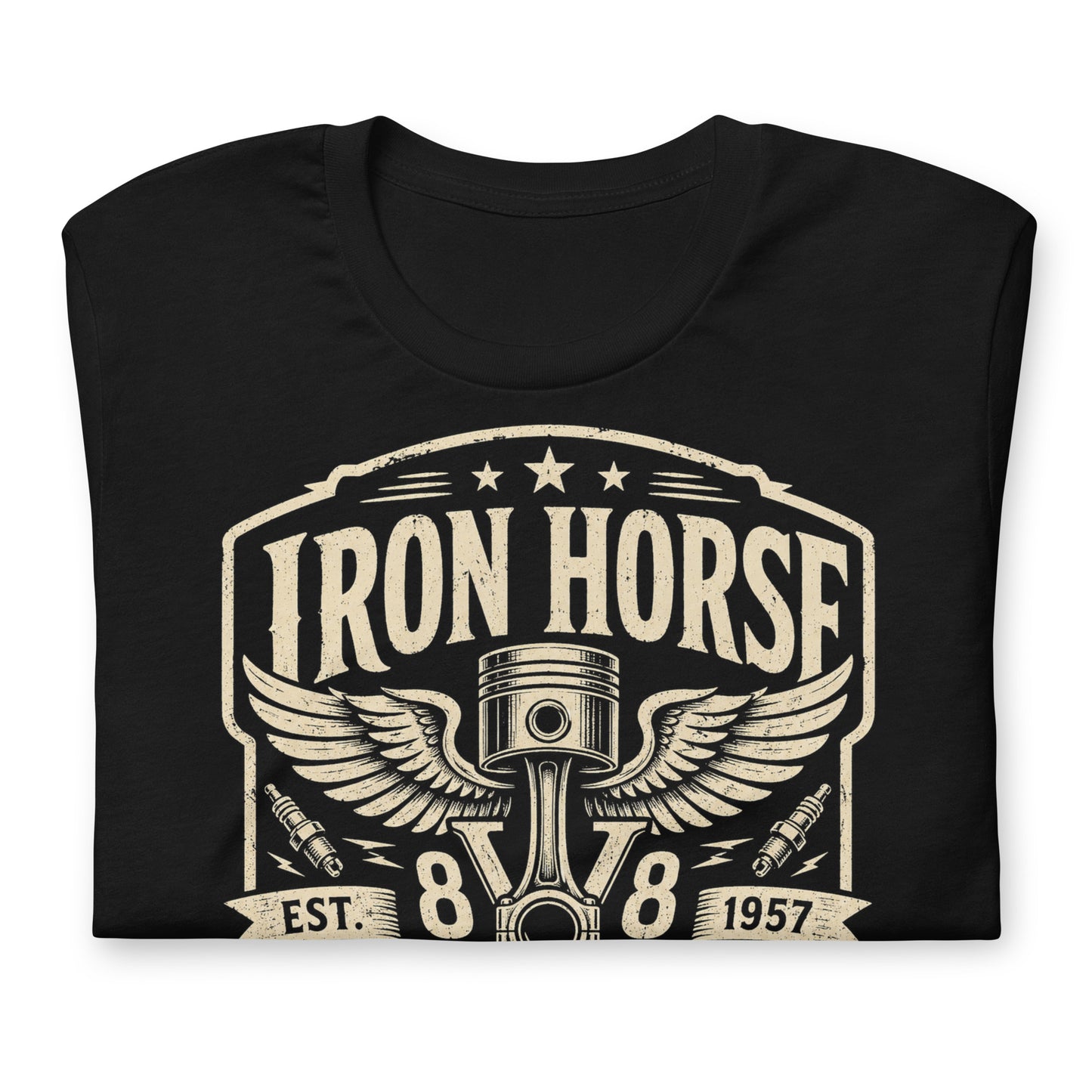 A black graphic tee featuring original Cinderpoint Studios artwork for Iron Horse Speed Shop, a one-color retro garage badge design with winged piston artwork, spark plugs, stars, banner details, V8 text, and Built Low Run Hard lettering.
