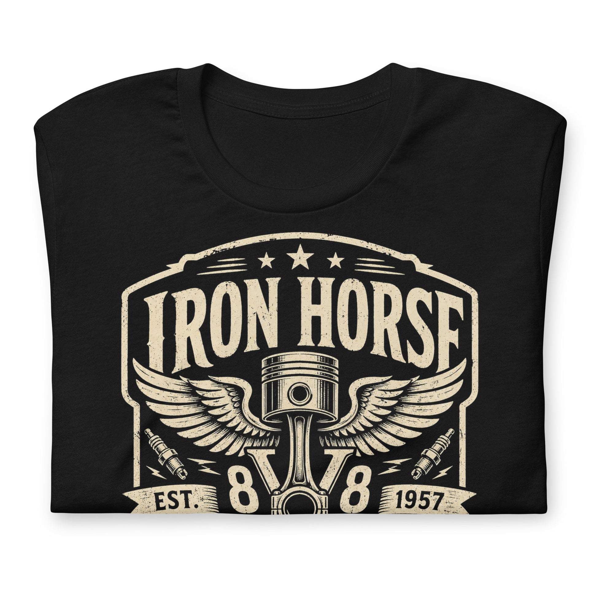 A black graphic tee featuring original Cinderpoint Studios artwork for Iron Horse Speed Shop, a one-color retro garage badge design with winged piston artwork, spark plugs, stars, banner details, V8 text, and Built Low Run Hard lettering.