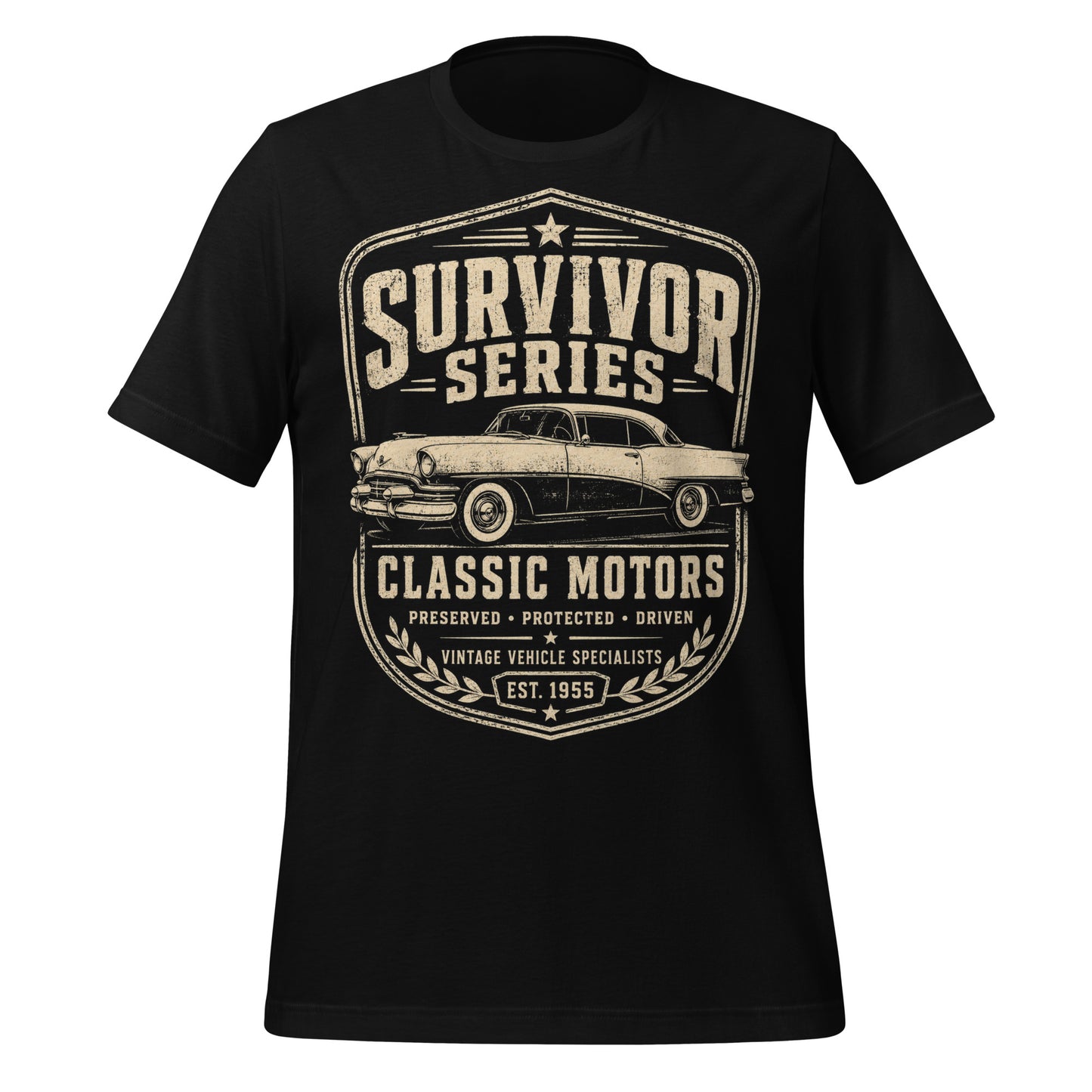 Black graphic tee featuring original Cinderpoint Studios artwork for Survivor Series Classic Motors, a one-color vintage car badge design with a classic car profile, bold retro lettering, laurel accents, and Preserved Protected Driven text.