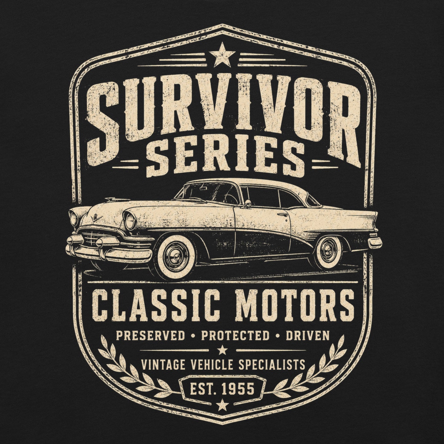 Black graphic tee featuring original Cinderpoint Studios artwork for Survivor Series Classic Motors, a one-color vintage car badge design with a classic car profile, bold retro lettering, laurel accents, and Preserved Protected Driven text.