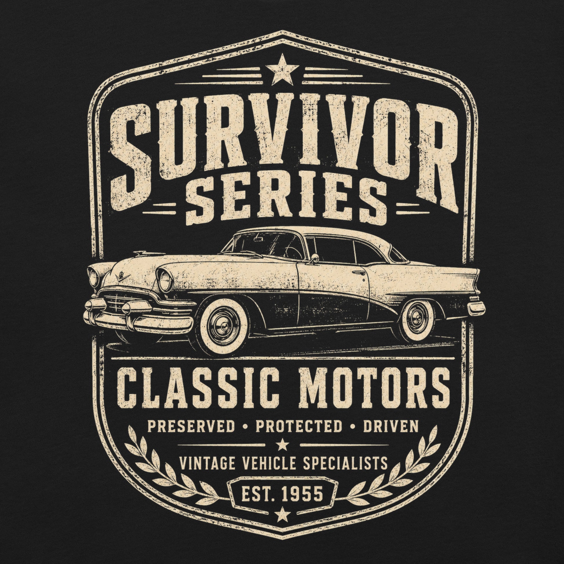Black graphic tee featuring original Cinderpoint Studios artwork for Survivor Series Classic Motors, a one-color vintage car badge design with a classic car profile, bold retro lettering, laurel accents, and Preserved Protected Driven text.