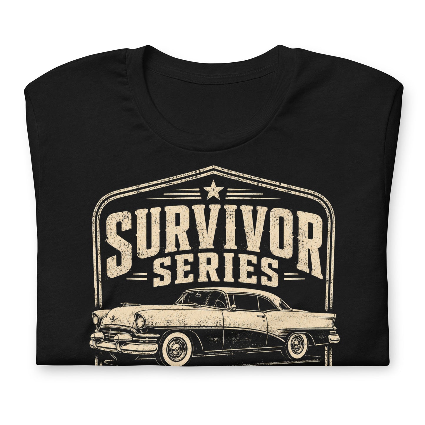 Black graphic tee featuring original Cinderpoint Studios artwork for Survivor Series Classic Motors, a one-color vintage car badge design with a classic car profile, bold retro lettering, laurel accents, and Preserved Protected Driven text.