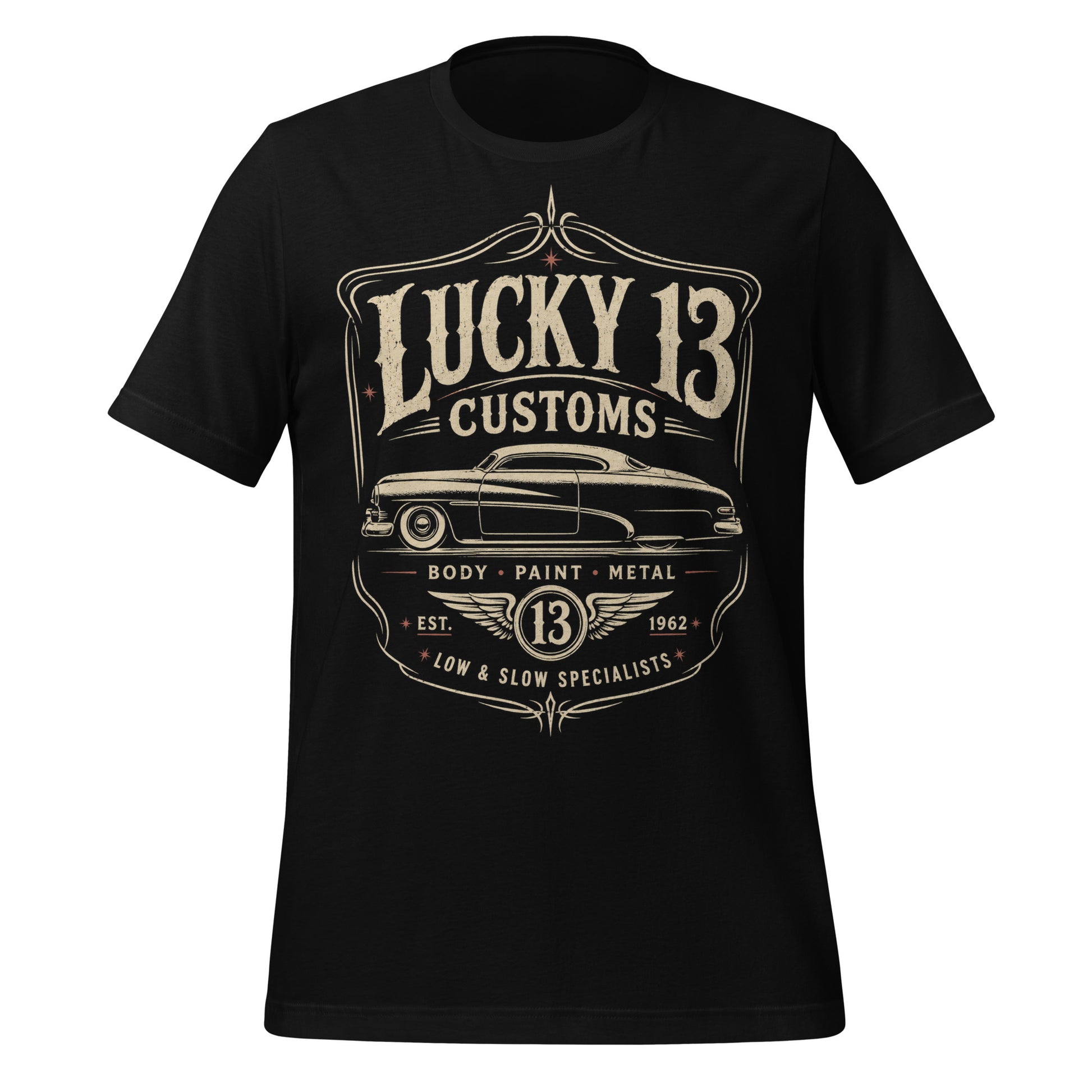 A black graphic tee featuring original Cinderpoint Studios artwork for Lucky 13 Customs, a retro custom shop design with a lowrider-style classic car, bold vintage lettering, winged 13 emblem, pinstripe-style frame, and Low & Slow Specialists text.