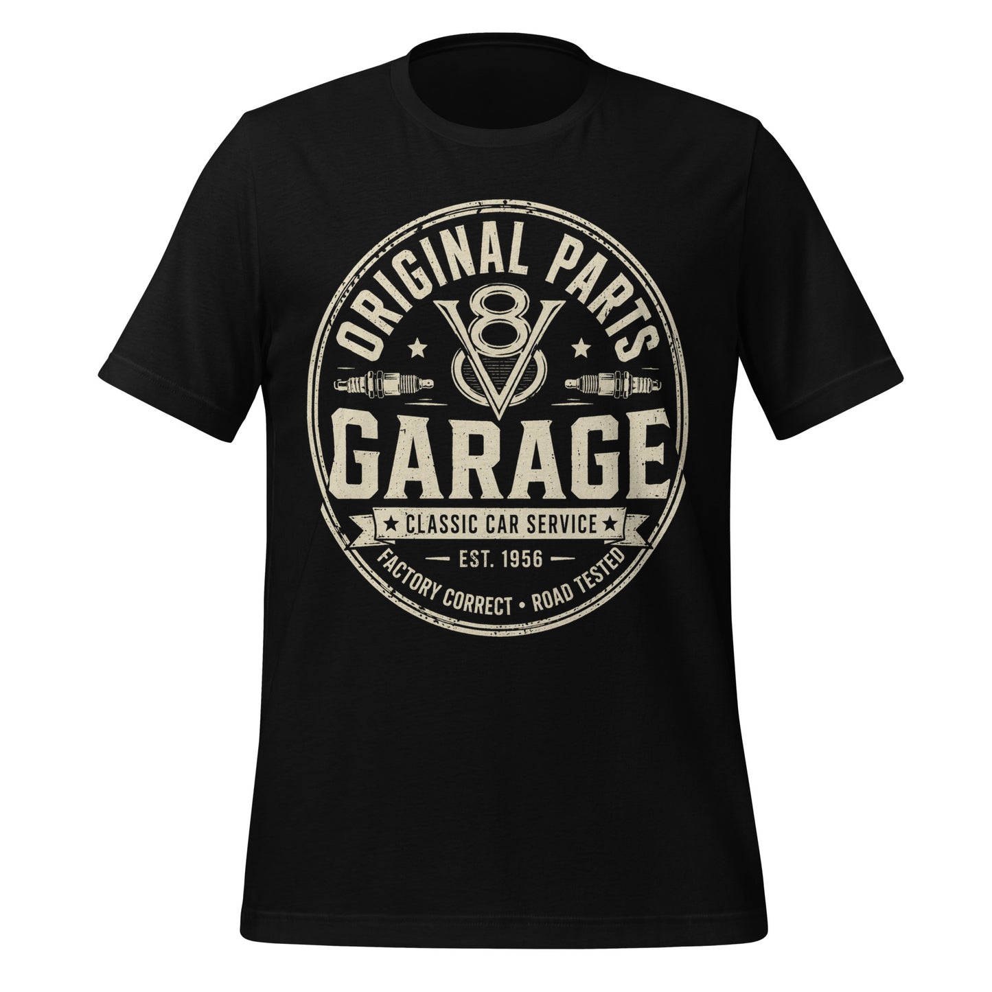 A black graphic tee featuring original Cinderpoint Studios artwork for Original Parts Garage, a one-color classic car service badge design with bold lettering, V8 emblem, spark plugs, Classic Car Service banner, Factory Correct text, and Road Tested details.