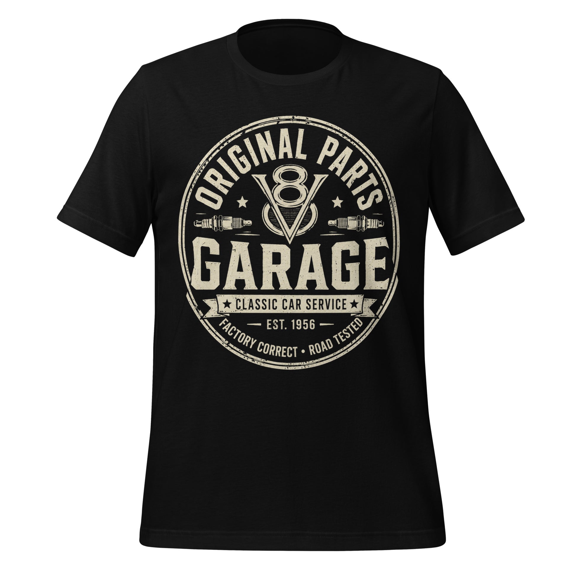 A black graphic tee featuring original Cinderpoint Studios artwork for Original Parts Garage, a one-color classic car service badge design with bold lettering, V8 emblem, spark plugs, Classic Car Service banner, Factory Correct text, and Road Tested details.