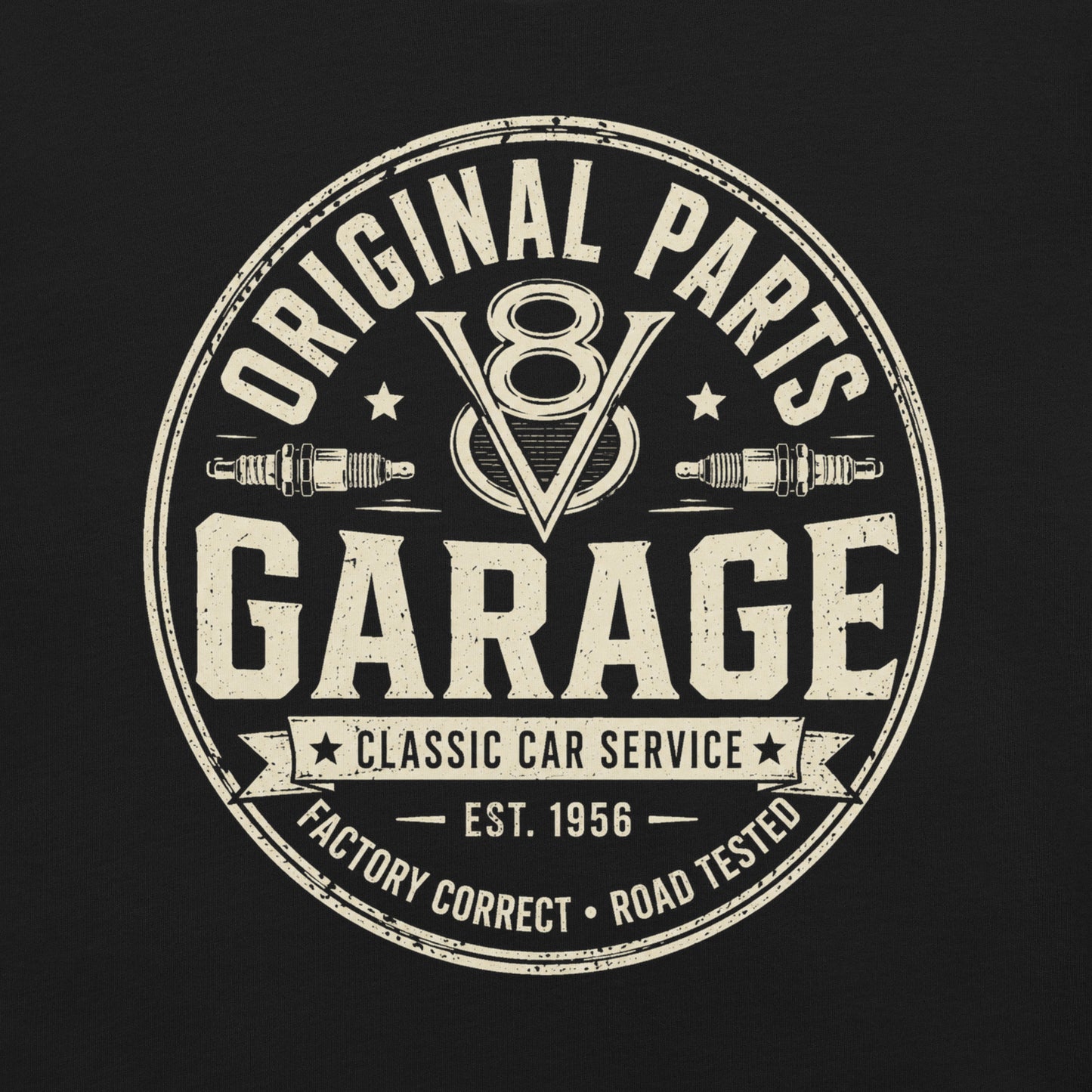 A black graphic tee featuring original Cinderpoint Studios artwork for Original Parts Garage, a one-color classic car service badge design with bold lettering, V8 emblem, spark plugs, Classic Car Service banner, Factory Correct text, and Road Tested details.