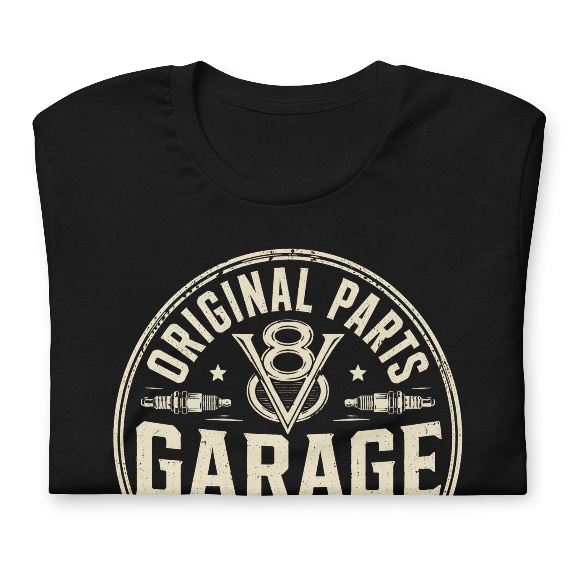 A black graphic tee featuring original Cinderpoint Studios artwork for Original Parts Garage, a one-color classic car service badge design with bold lettering, V8 emblem, spark plugs, Classic Car Service banner, Factory Correct text, and Road Tested details.