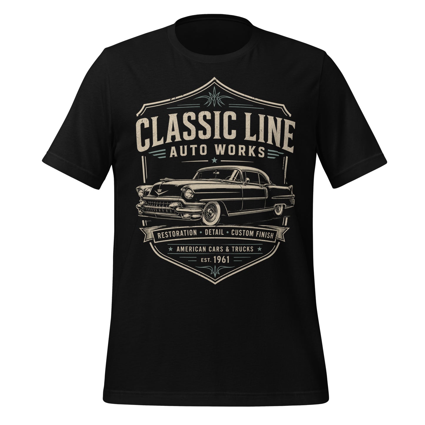 A black graphic tee featuring original Cinderpoint Studios artwork for Classic Line Auto Works, a vintage restoration shop design with a 1950s-style classic car, bold lettering, badge-style frame, and text including Restoration Detail Custom Finish and American Cars & Trucks.