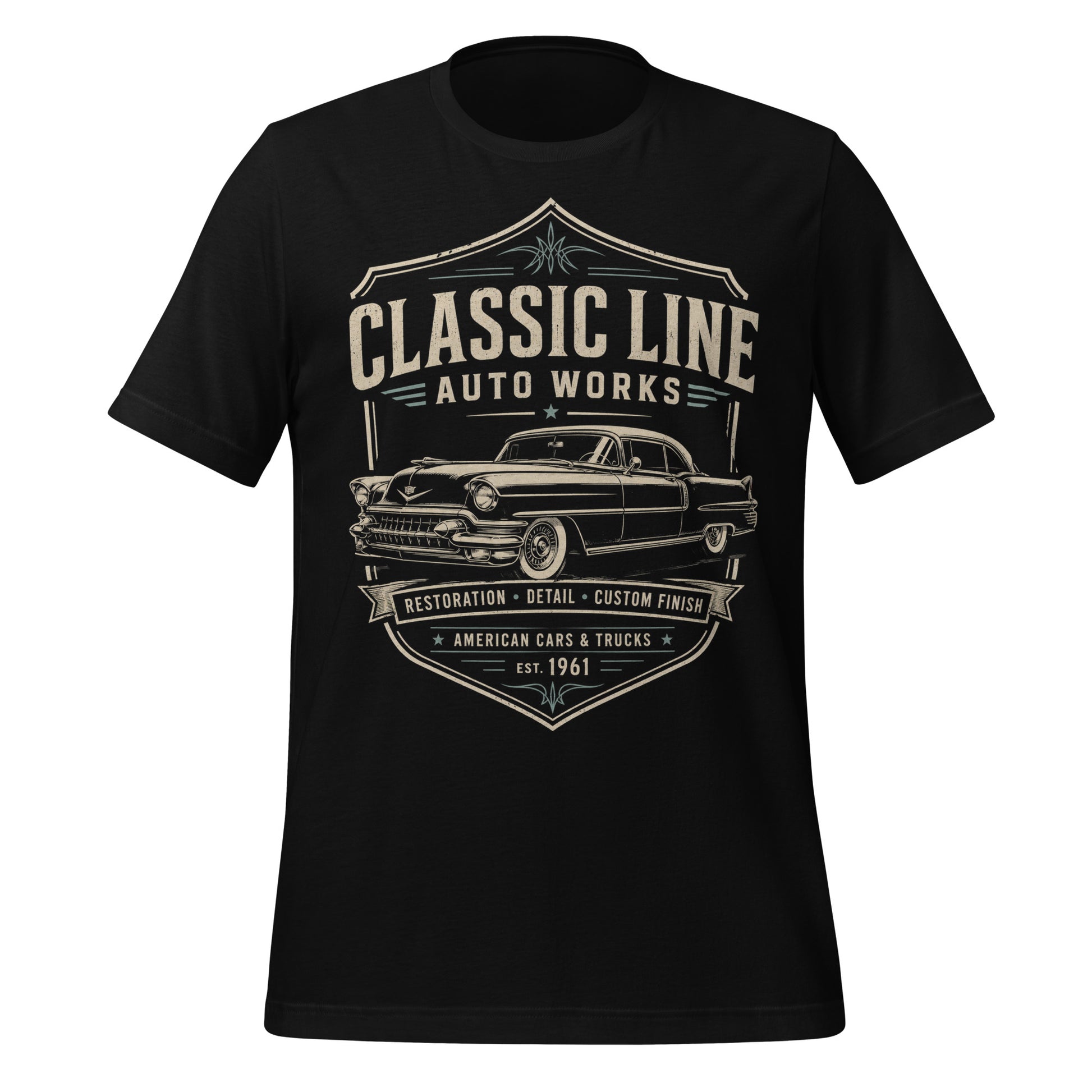 A black graphic tee featuring original Cinderpoint Studios artwork for Classic Line Auto Works, a vintage restoration shop design with a 1950s-style classic car, bold lettering, badge-style frame, and text including Restoration Detail Custom Finish and American Cars & Trucks.