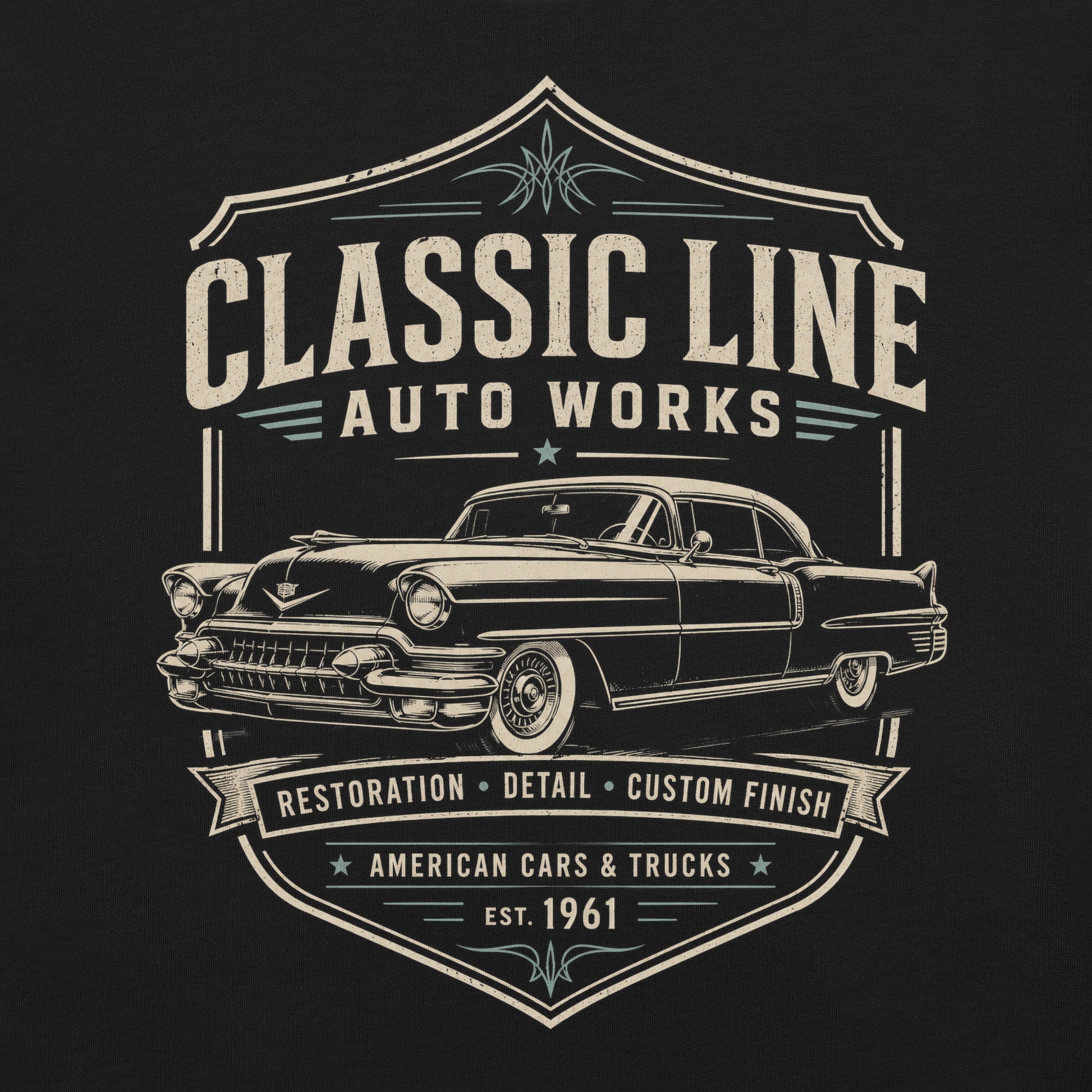 A black graphic tee featuring original Cinderpoint Studios artwork for Classic Line Auto Works, a vintage restoration shop design with a 1950s-style classic car, bold lettering, badge-style frame, and text including Restoration Detail Custom Finish and American Cars & Trucks.