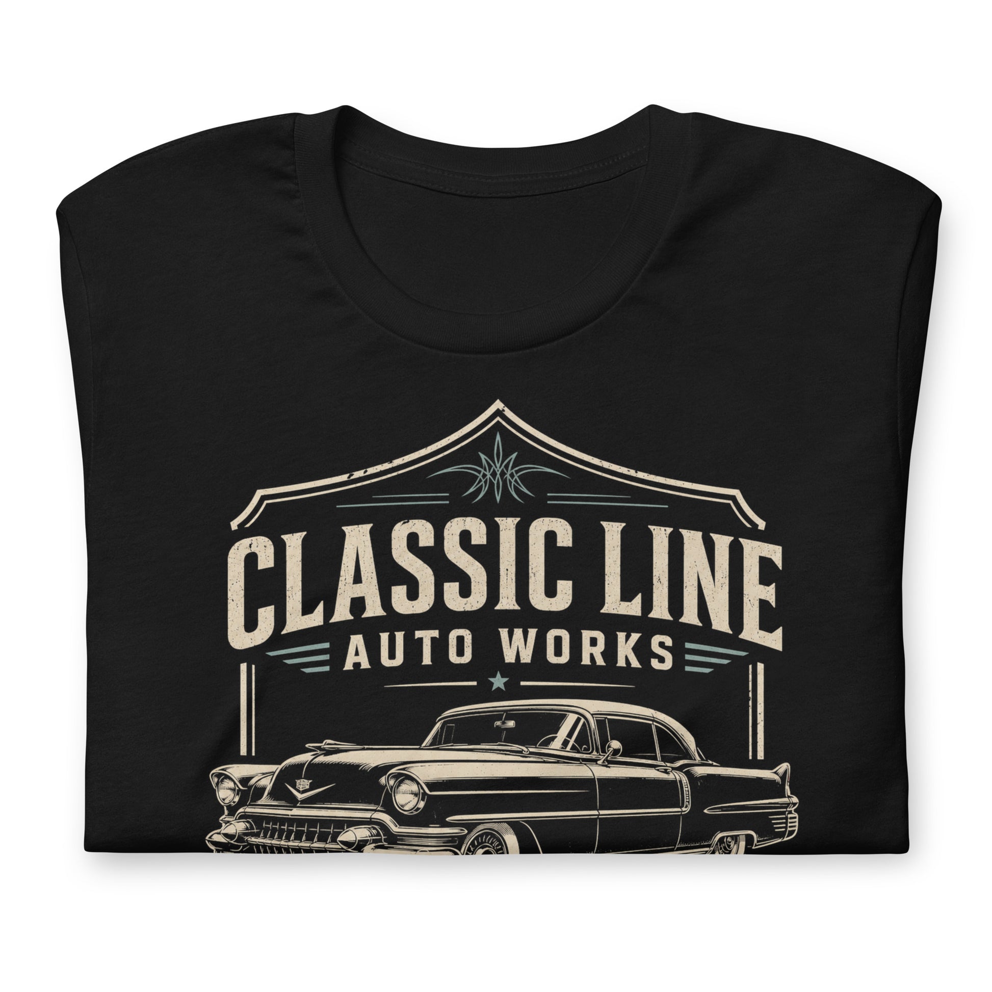 A black graphic tee featuring original Cinderpoint Studios artwork for Classic Line Auto Works, a vintage restoration shop design with a 1950s-style classic car, bold lettering, badge-style frame, and text including Restoration Detail Custom Finish and American Cars & Trucks.