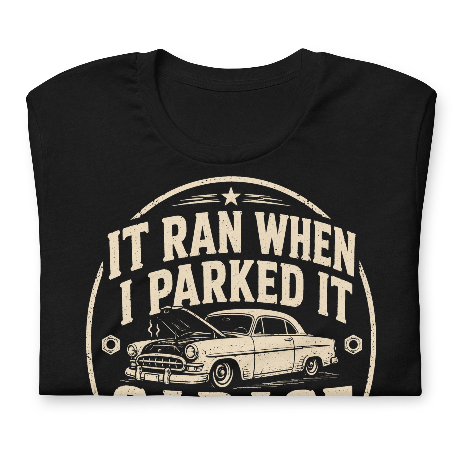 A black graphic tee featuring original Cinderpoint Studios artwork for It Ran When I Parked It Garage, a one-color funny classic car design with bold lettering, a vintage car with the hood up, Classic Car Rescue text, and Full Service Hot Rod Repair details.