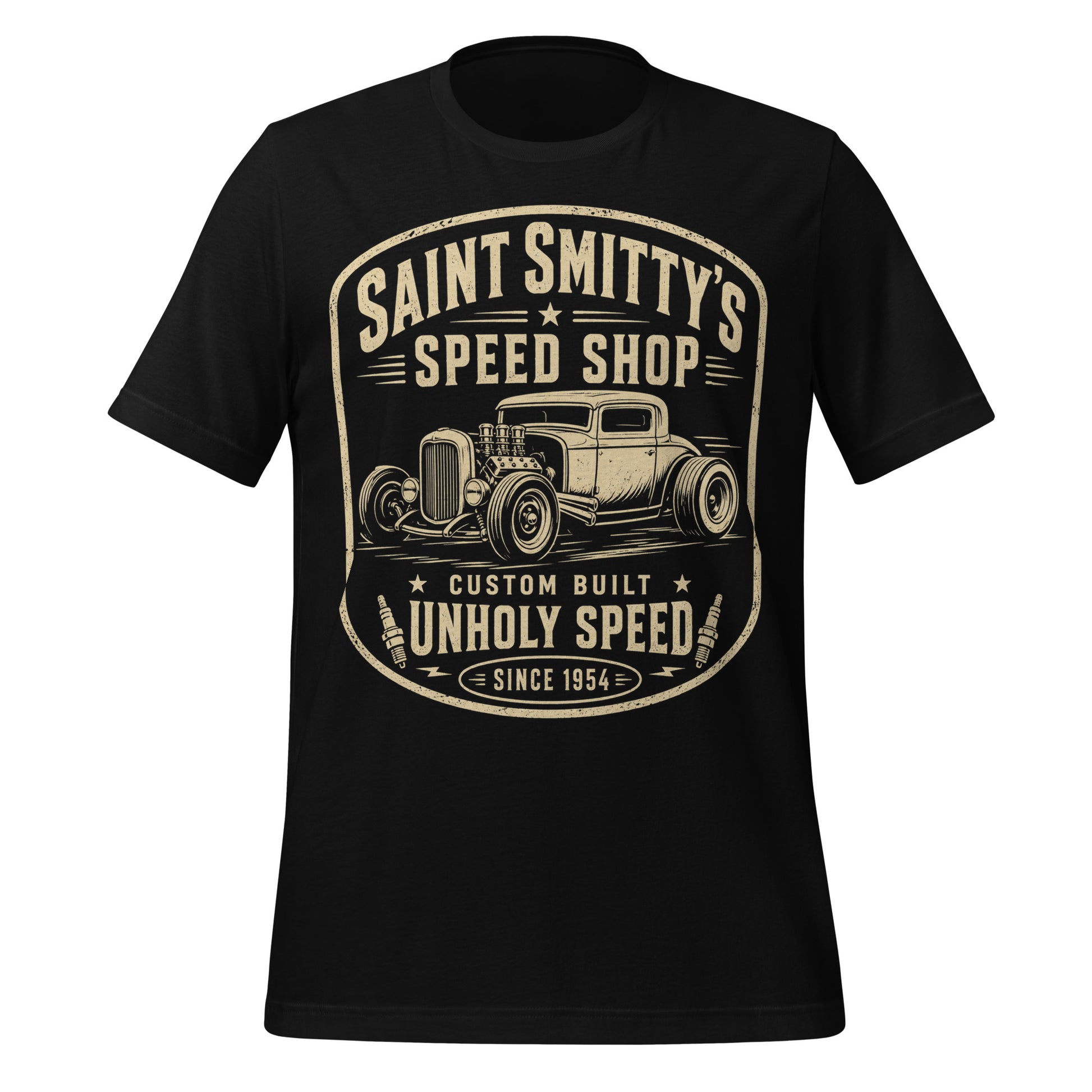 A black graphic tee featuring original Cinderpoint Studios artwork for Saint Smitty’s Speed Shop, a one-color retro hot rod garage design with vintage lettering, classic coupe artwork, spark plugs, and Custom Built Unholy Speed text.