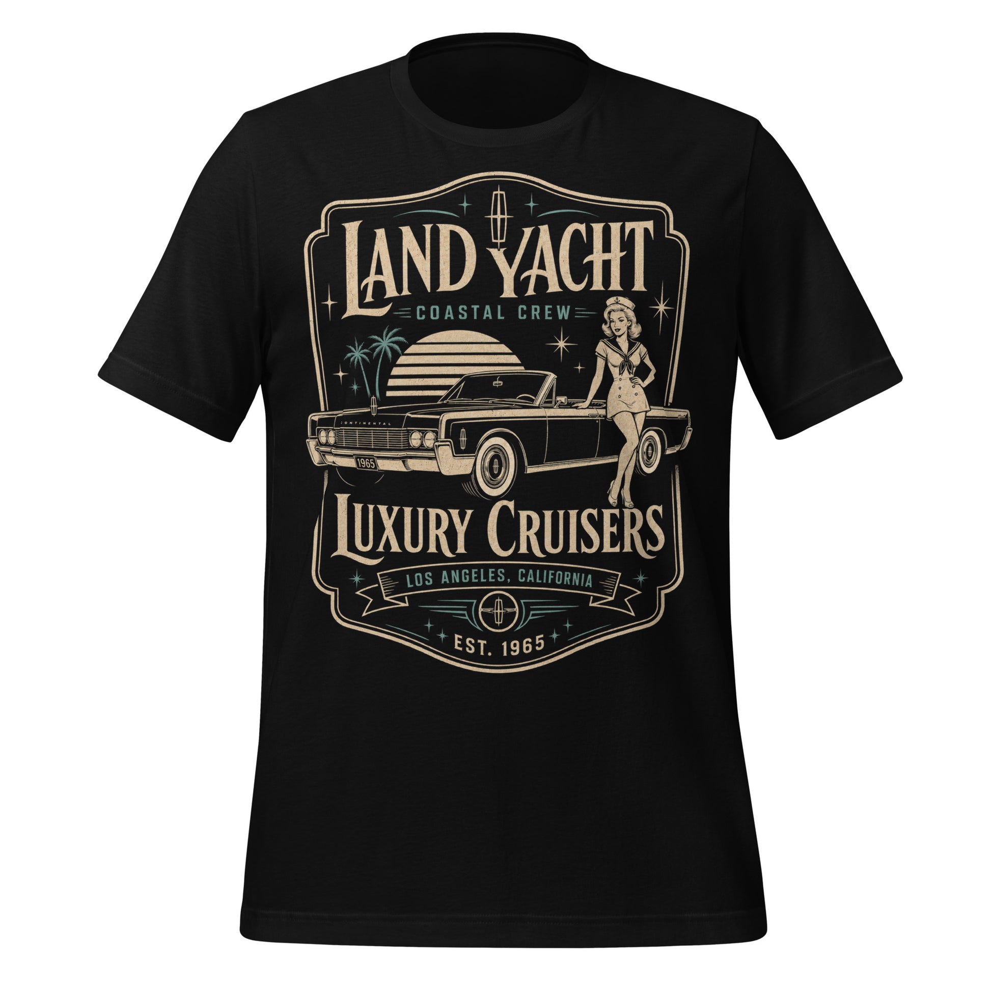 A black graphic tee featuring original Cinderpoint Studios artwork for Land Yacht Luxury Cruisers, a retro classic car design with a 1960s luxury convertible inspired by the 1965 Continental, a sailor pinup, atomic accents, palm trees, and bold vintage lettering.