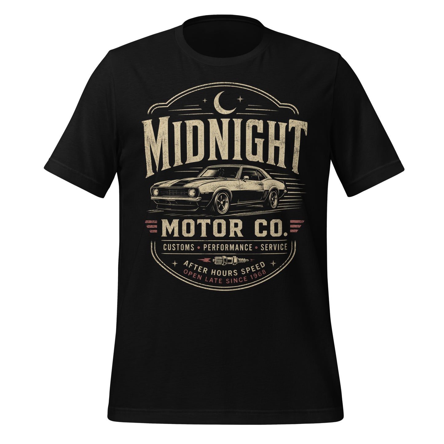 A black graphic tee featuring original Cinderpoint Studios artwork for Midnight Motor Co., a retro hot rod garage design with a classic muscle car, crescent moon, spark plug detail, vintage lettering, red accent stripes, and After Hours Speed text.