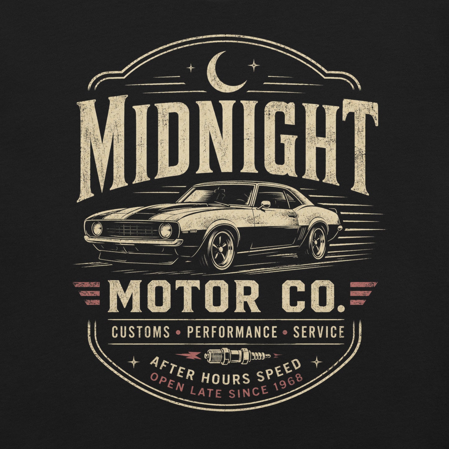 A black graphic tee featuring original Cinderpoint Studios artwork for Midnight Motor Co., a retro hot rod garage design with a classic muscle car, crescent moon, spark plug detail, vintage lettering, red accent stripes, and After Hours Speed text.